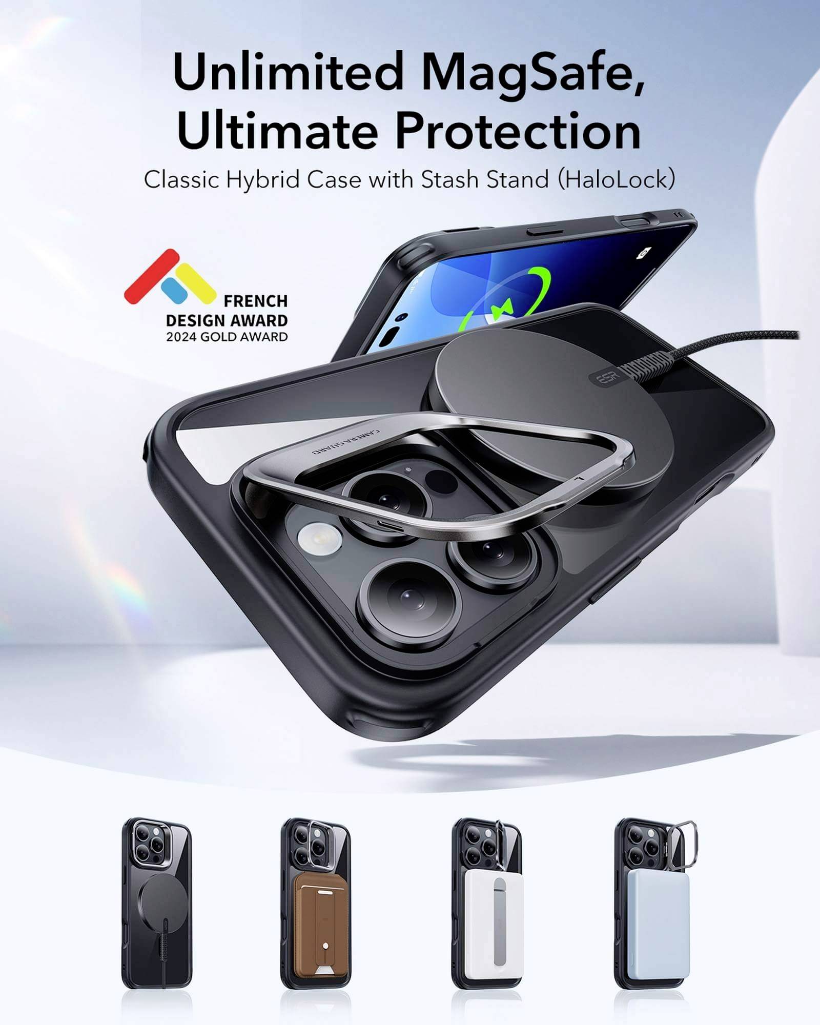 ESR Classic Hybrid HaloLock Case + Stash Stand Backcover Apple iPhone 16 Pro Transparent, Schwarz MagSafe kompatibel 1A7490202