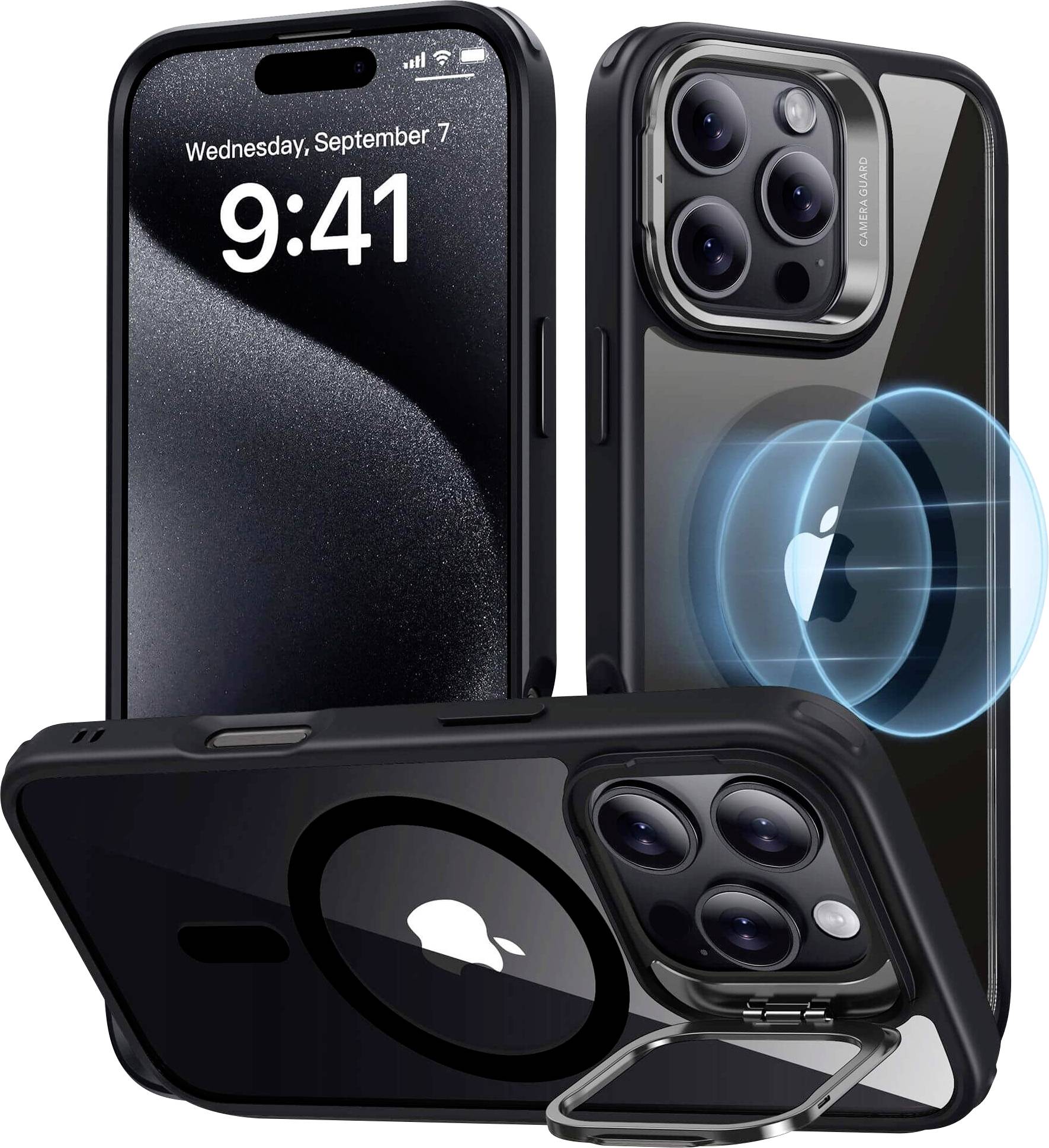 ESR Classic Hybrid HaloLock Case + Stash Stand Backcover Apple iPhone 16 Pro Transparent, Schwarz MagSafe kompatibel 1A7490202