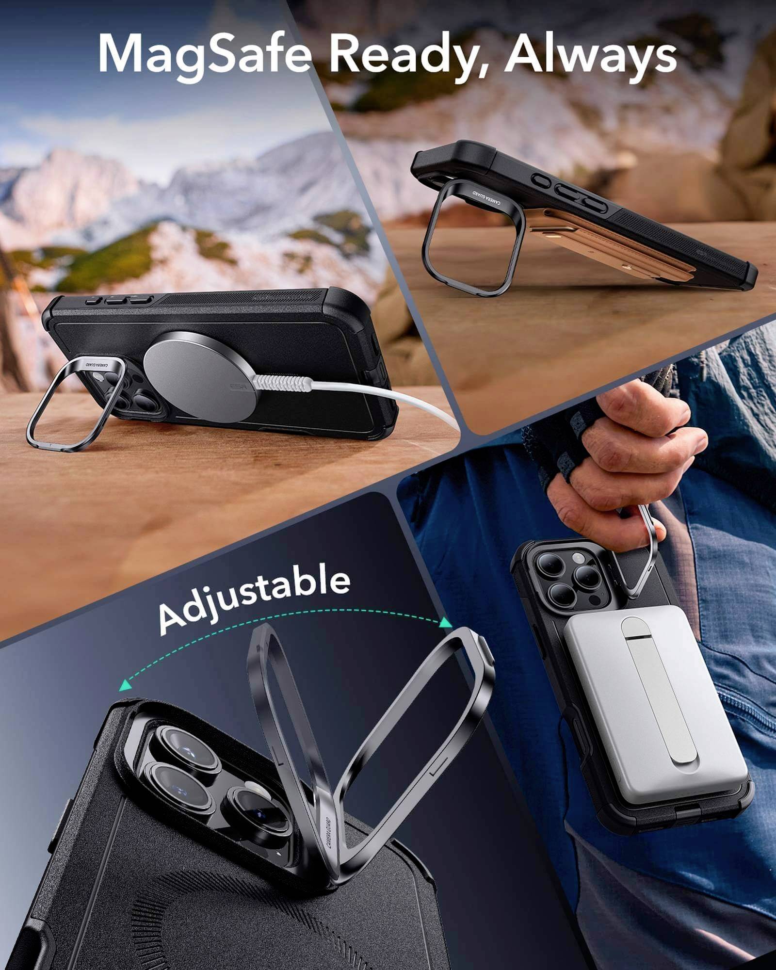 Handyhülle mit integriertem Ständer und MagSafe-Unterstützung, gezeigt in verschiedenen Positionen und Einstellungen.