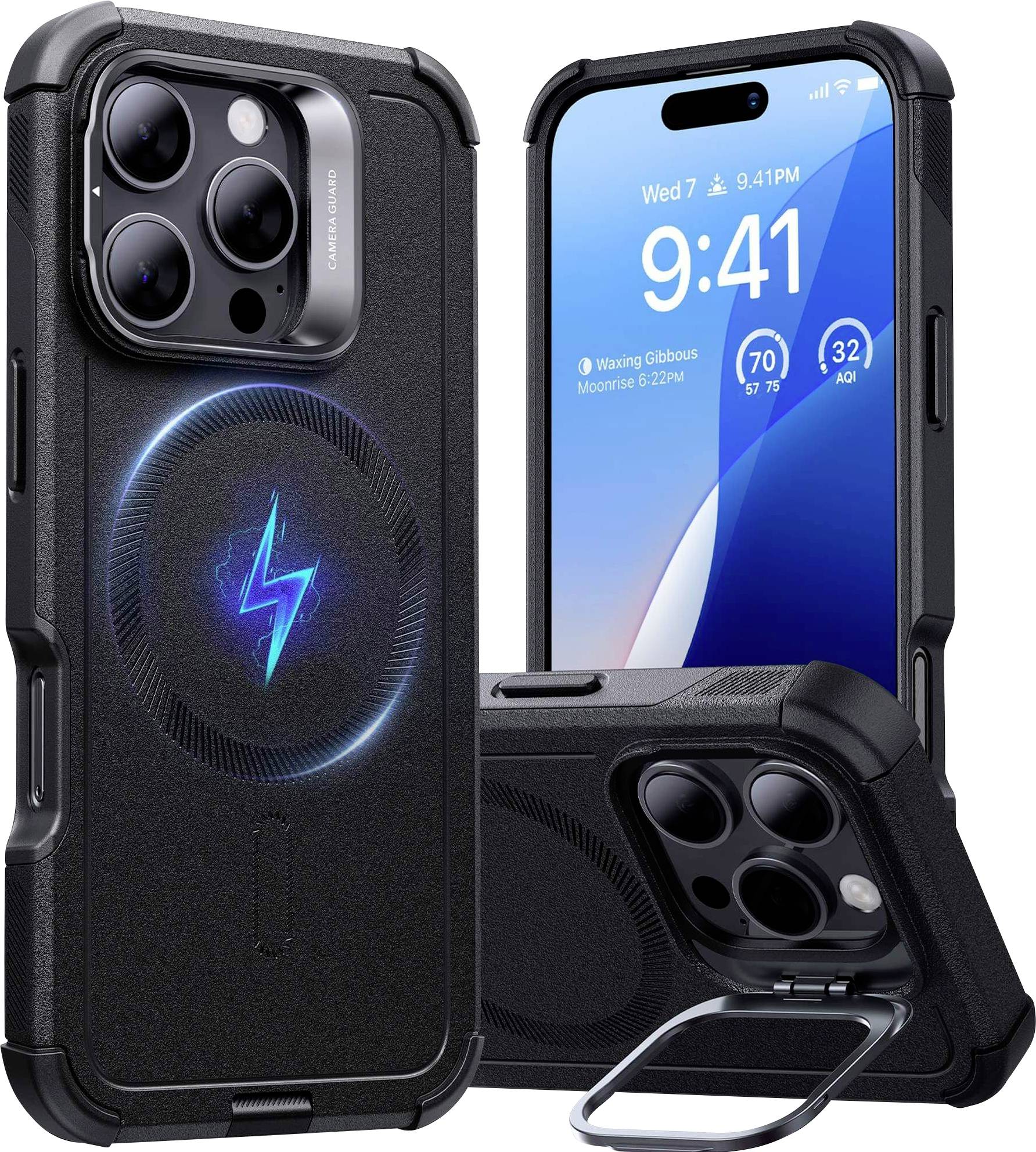 Drei robuste Smartphone-Hüllen aus schwarzem Material, eine mit einem blauen Symbol. Zwei Hüllen sind geschlossen, eine zeigt die Vorderseite des Telefons.