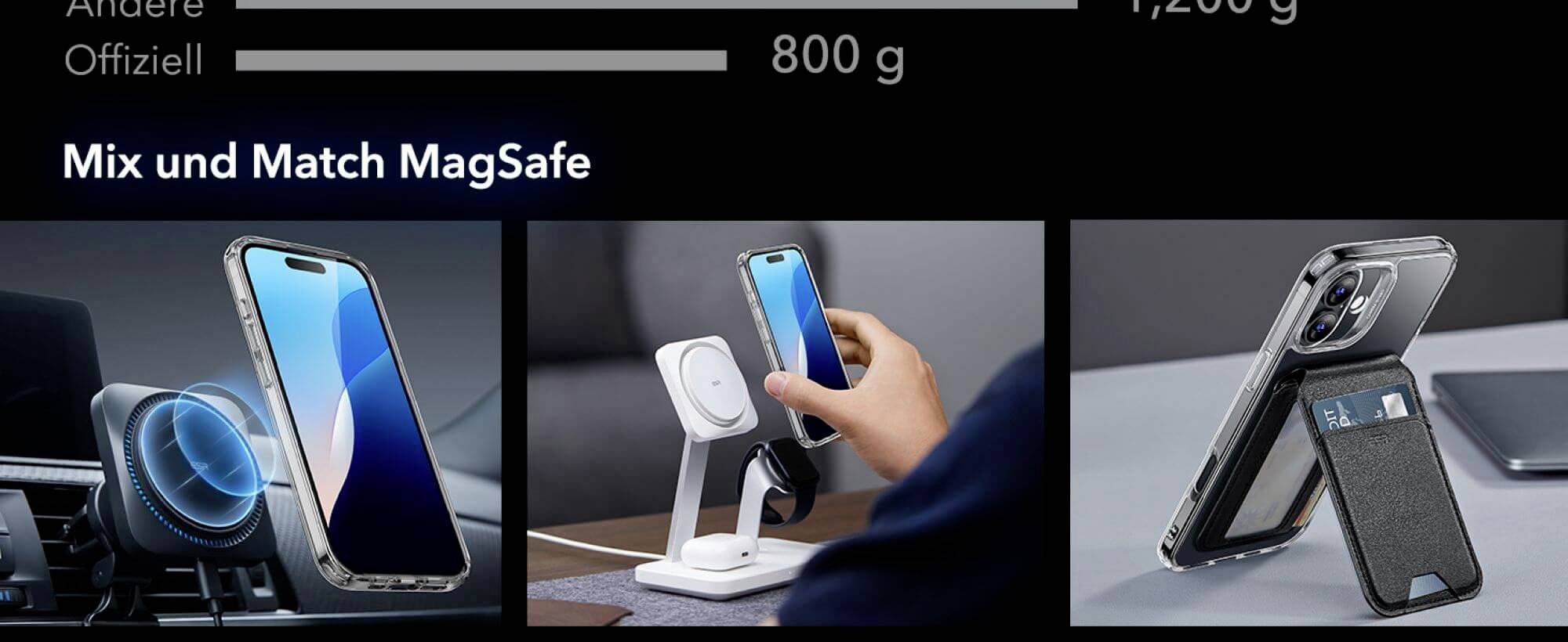 Drei Bilder zeigen MagSafe-Zubehör: eine Autohalterung, ein Tischständer und ein Handy mit Kartenfach, alle mit iPhones.