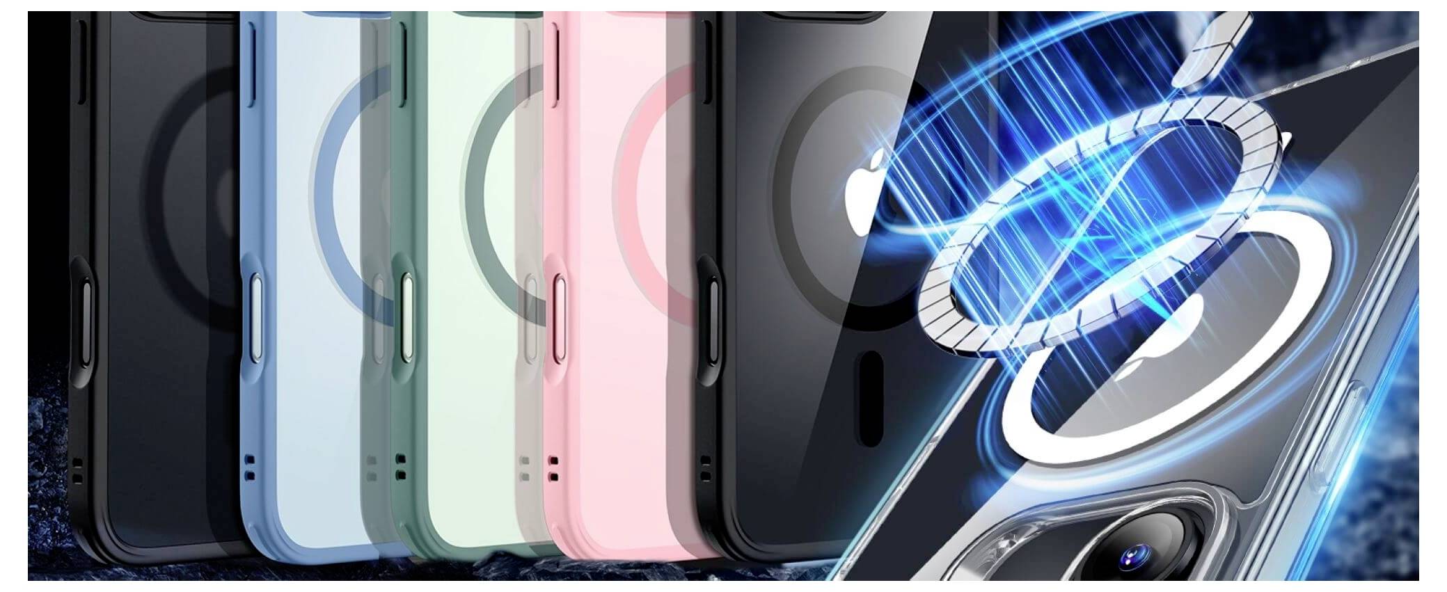 Fünf Smartphones in verschiedenen Farben; Schwarz, Blau, Grün, Rosa und Silber. Rechts digitale Darstellung eines Akkuladeprozesses.