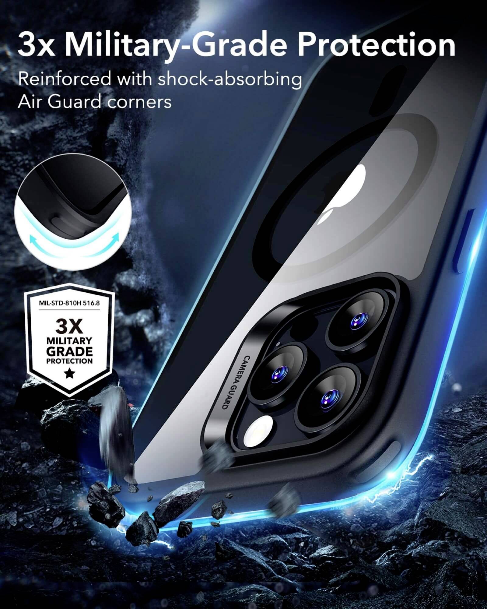 Smartphone mit Hülle, die dreimal militärischen Schutz bietet. Stoßabsorbierende Ecken, blaue Lichteffekte; robust gegen Stöße.
