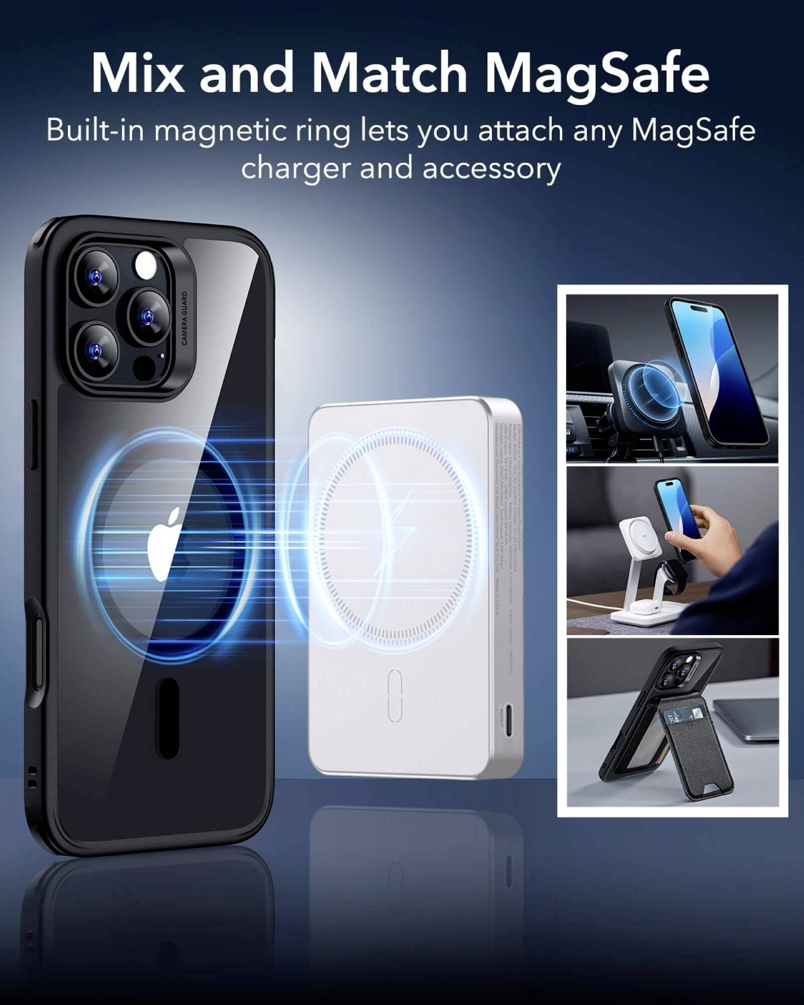 Ein Smartphone mit Magnetring, der MagSafe-Zubehör unterstützt. Rechts Beispiele für die Nutzung: Halterung, Ladestation, Ständer.