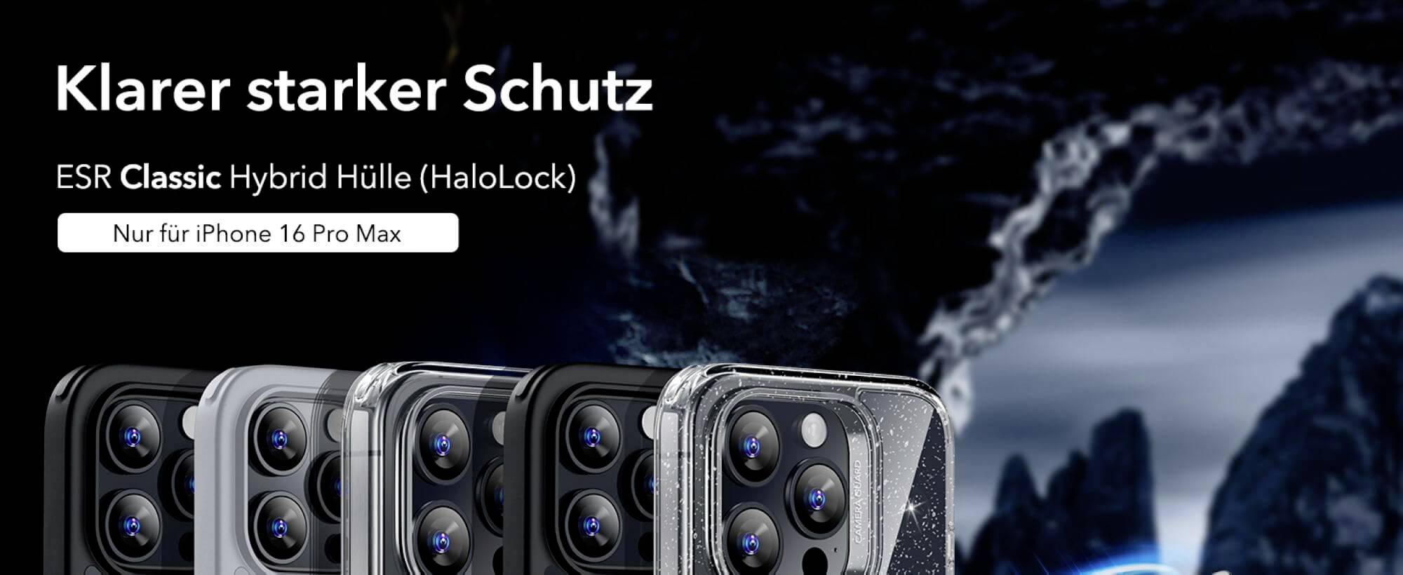 'Klarer starker Schutz', ESR Classic Hybrid Hülle (HaloLock), nur für iPhone 16 Pro Max. Im Hintergrund eine futuristische Landschaft.