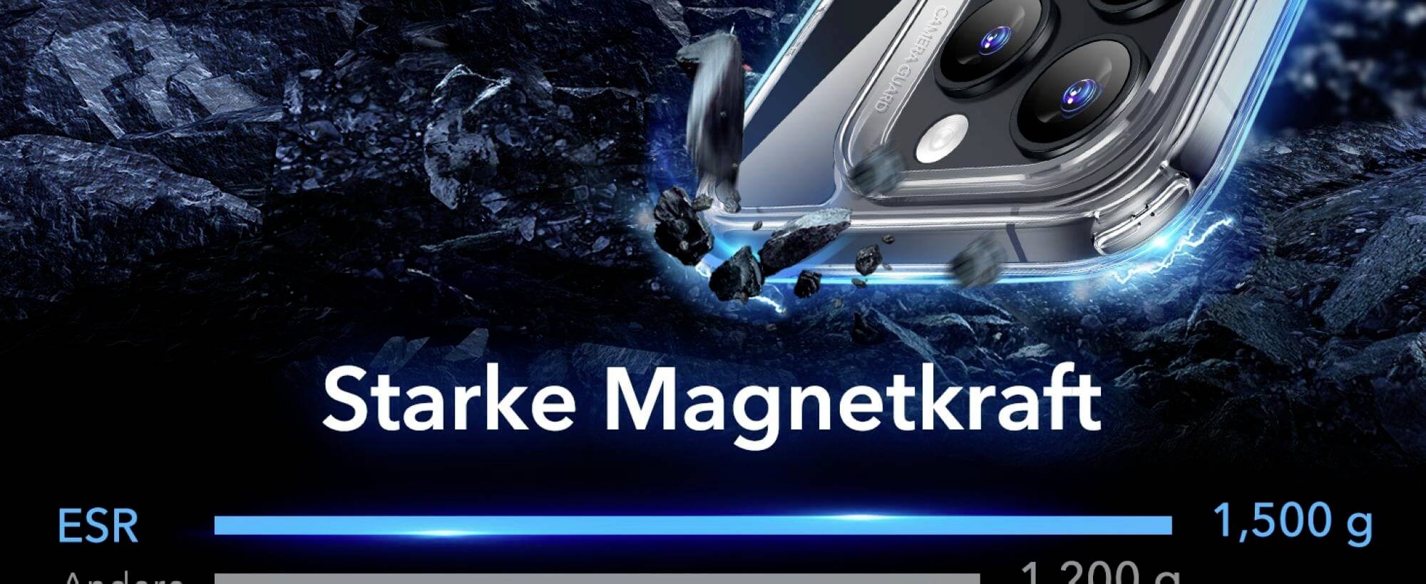 'Starke Magnetkraft': Bild eines Smartphones mit Text. Zeigt ein Handy mit hervorstechendem Magnetmechanismus.