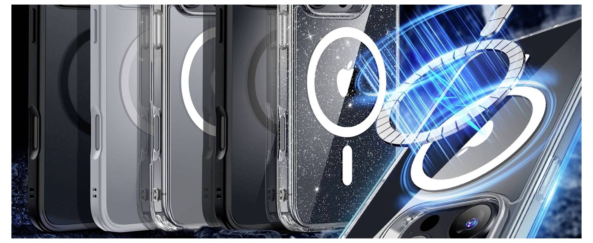 Mehrere Smartphone-Rückseiten mit transparenten Hüllen, die drahtlose Ladefunktion und magnetische Ringe zeigen.