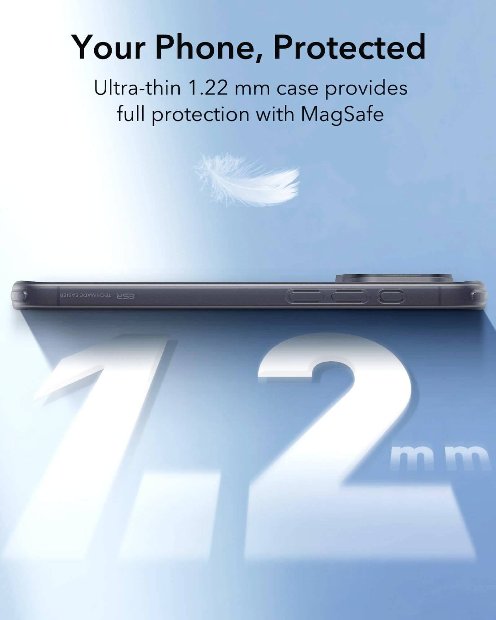 Seitliche Ansicht eines Smartphones mit einer 1,22 mm dicken Hülle und MagSafe-Schutz. Der Text lautet: 'Your Phone, Protected'.