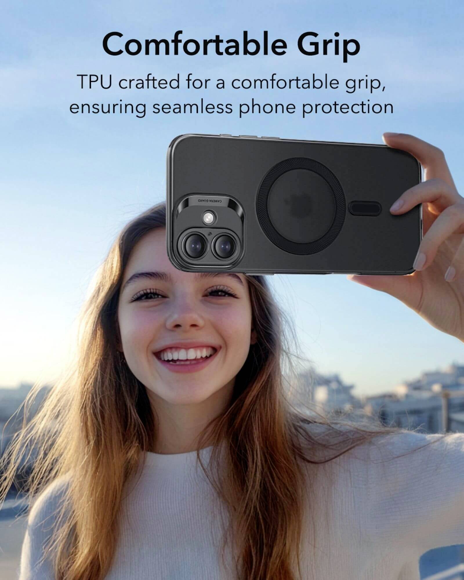 Eine Person hält ein Smartphone mit einer robusten Hülle in der Hand. Text im Bild: 'Comfortable Grip. TPU crafted for a comfortable grip, ensuring seamless phone protection.'