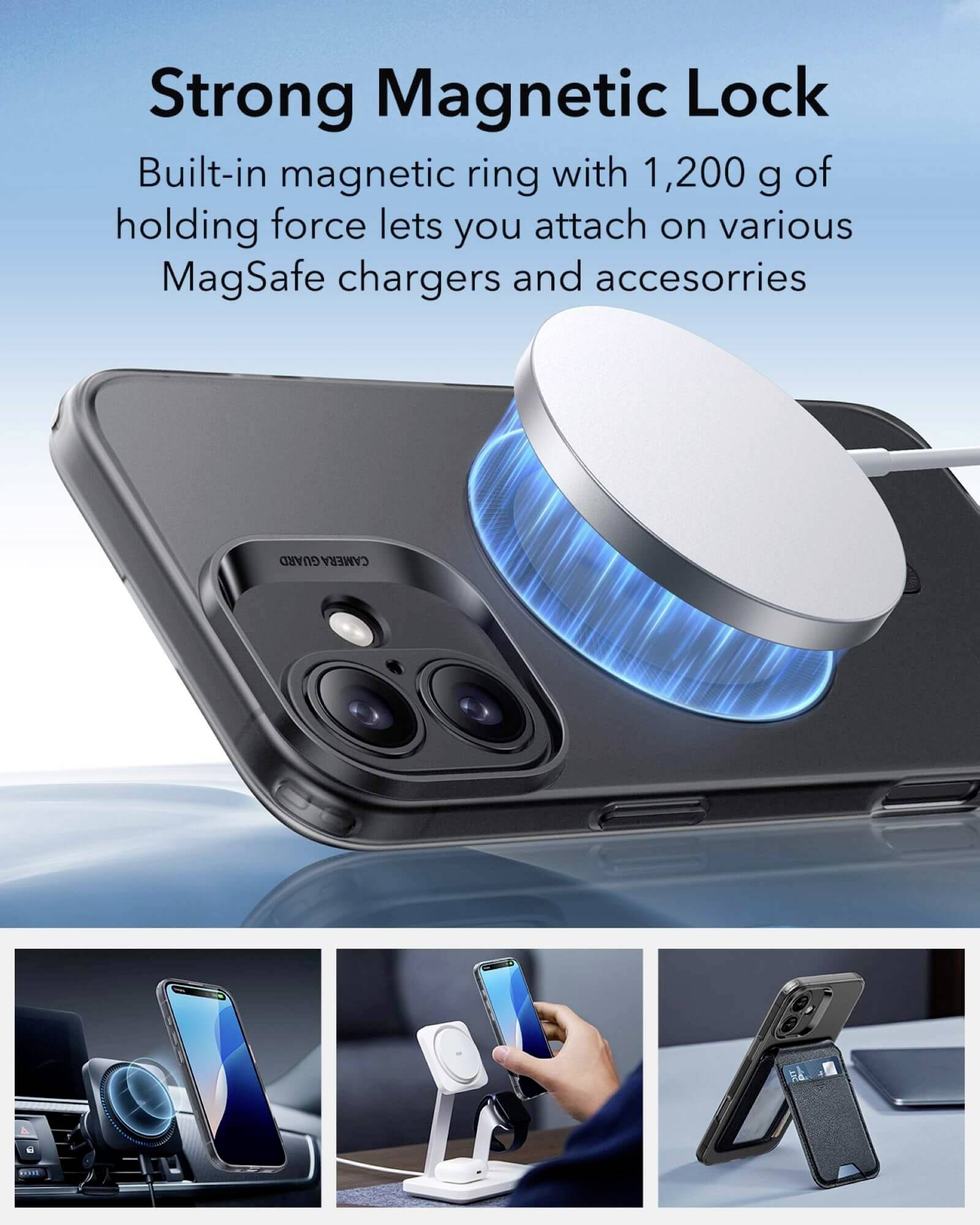 Starke magnetische Verriegelung: Handyhülle mit eingebautem Magnetring für MagSafe-Ladegeräte und Zubehör. Gezeigt in verschiedenen Halterungen.