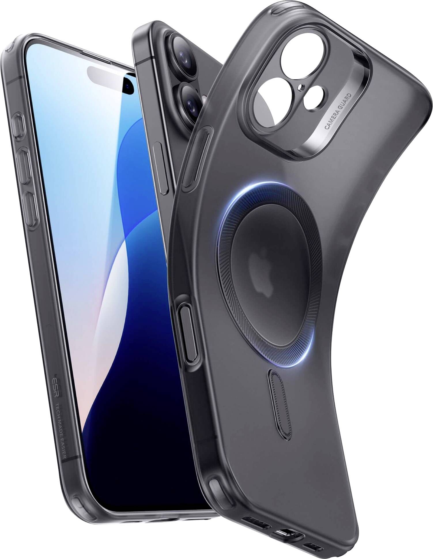 Das Bild zeigt ein Smartphone in einer dunklen Schutzhülle. Die Hülle verfügt über einen kreisförmigen Abschnitt auf der Rückseite.