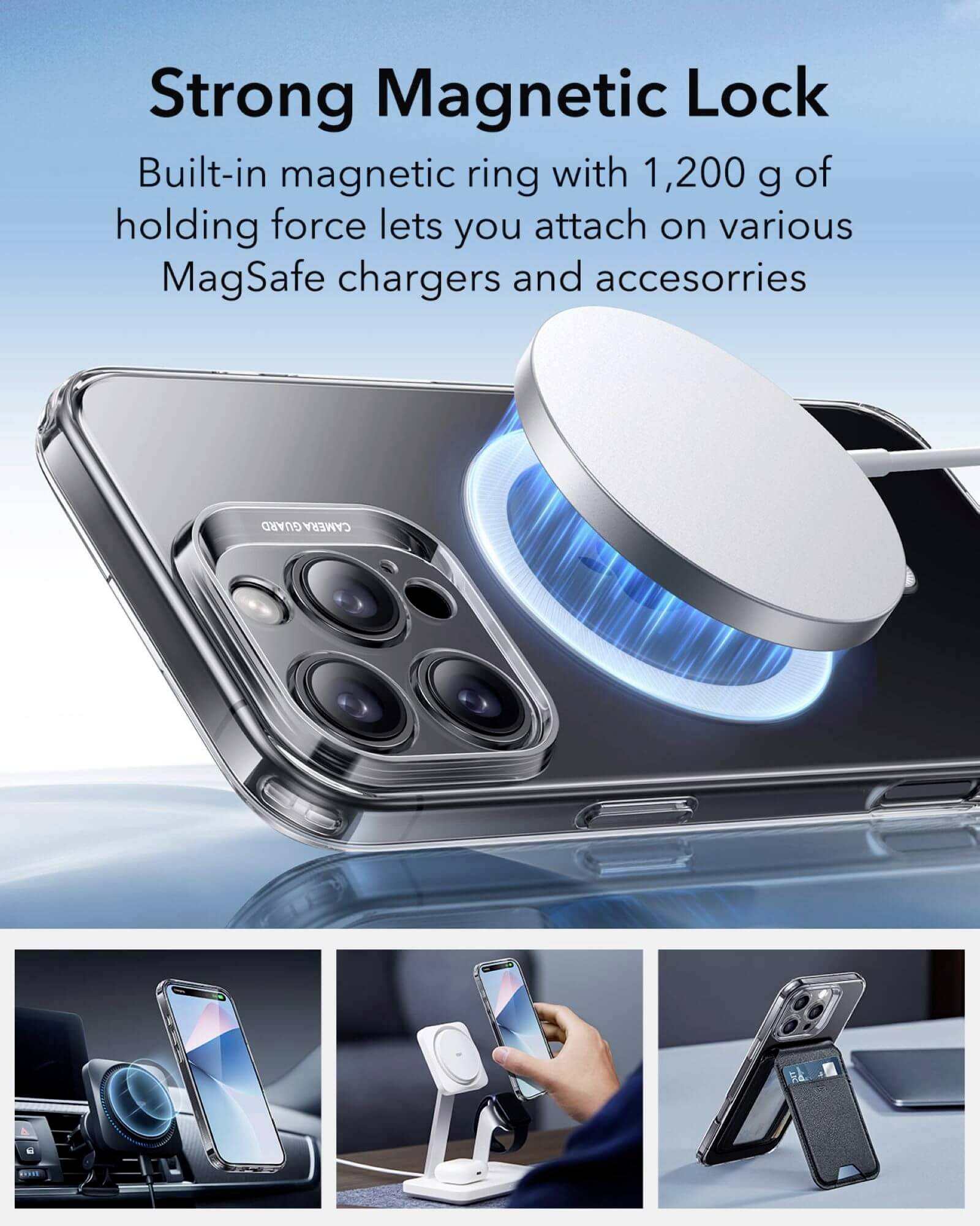 'Starke magnetische Verriegelung': Smartphone mit MagSafe-Zubehör. Eingebauter Magnetring mit 1.200 g Haltekraft für sicheres Anbringen.