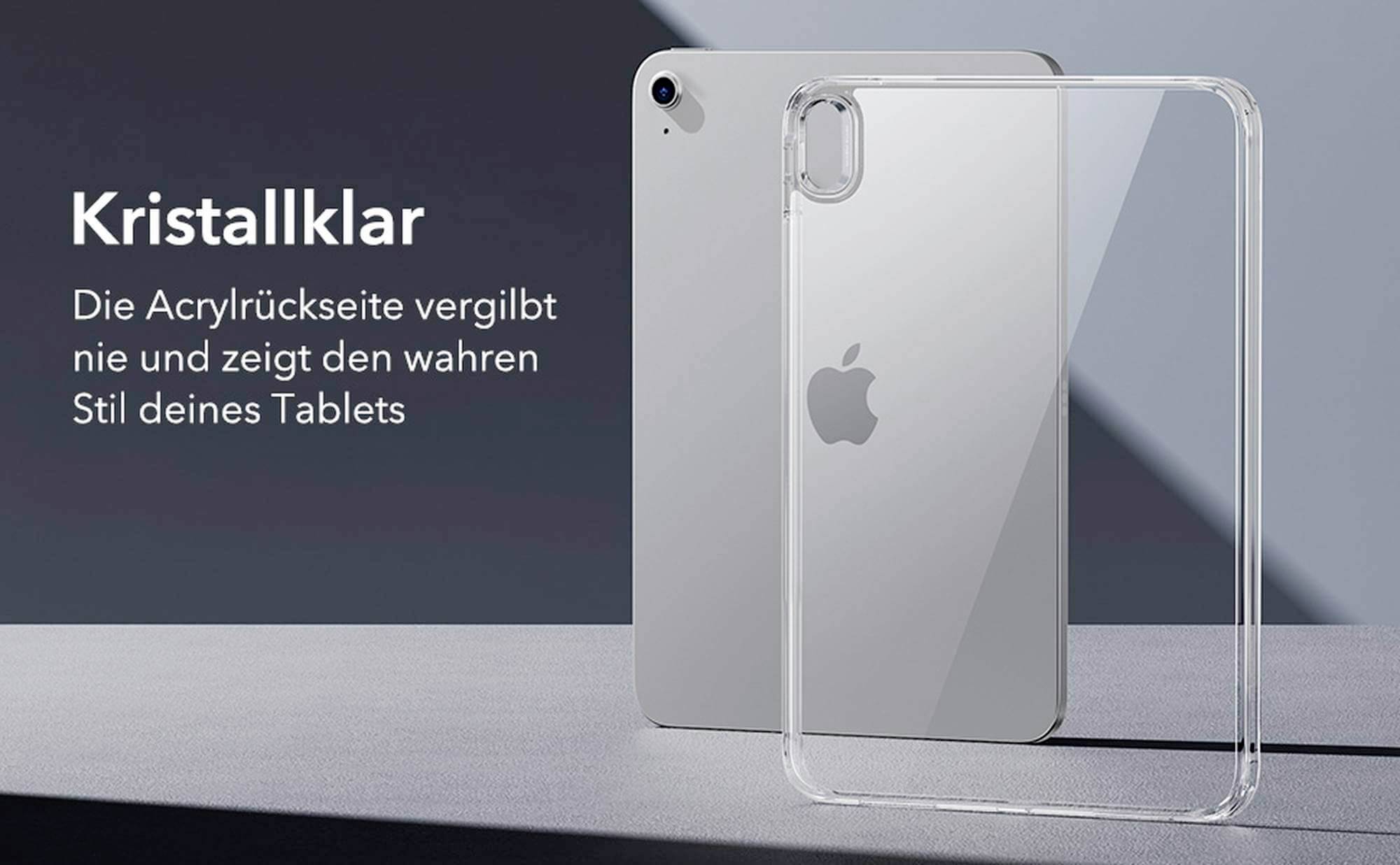 Eine klare Tablet-Hülle aus Acryl zeigt das Apple-Logo rückseitig. Text: 'Kristallklar. Die Acrylrückseite vergilbt nie und zeigt den wahren Stil deines Tablets.'