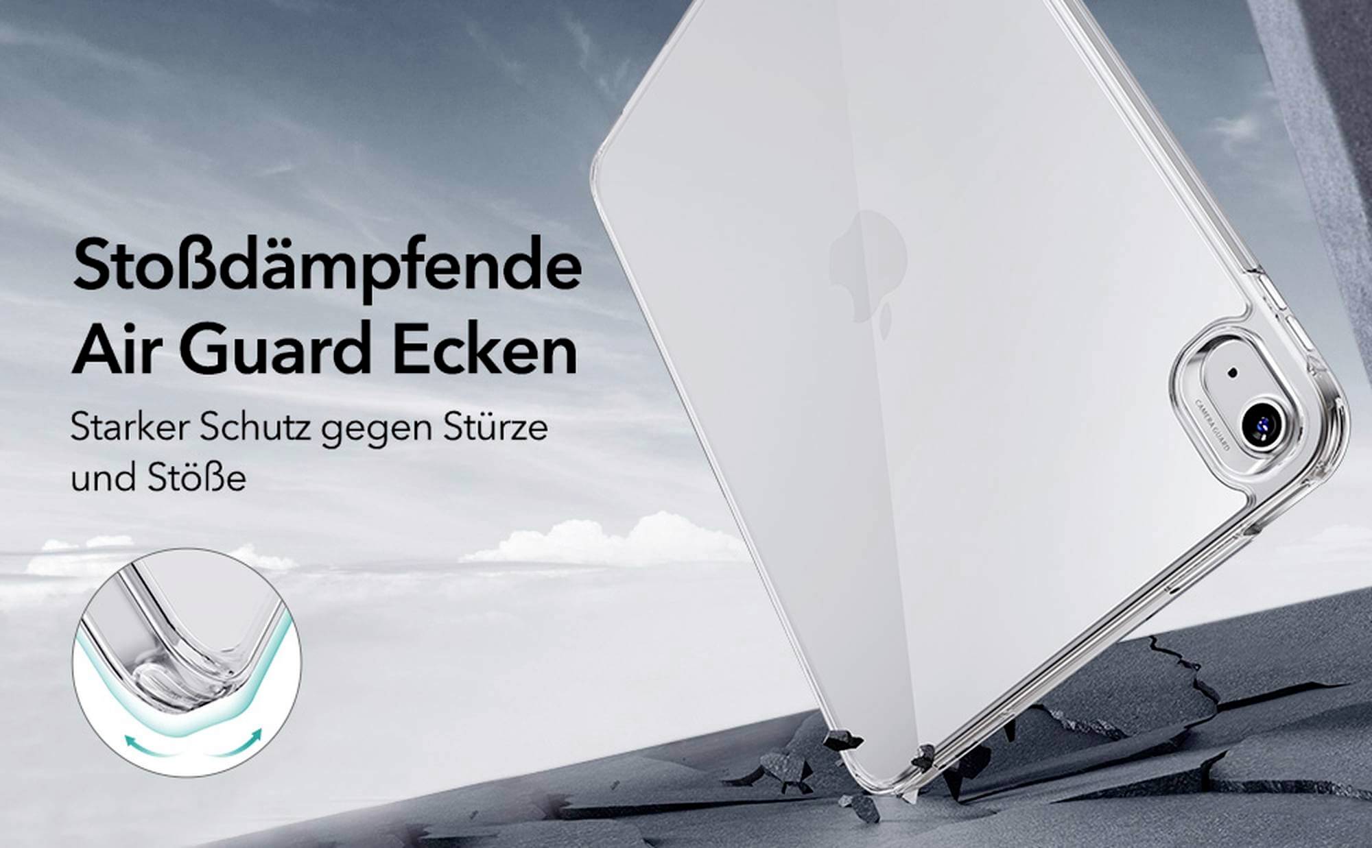 Transparente Handyhülle mit stoßdämpfenden Ecken, beworben als Schutz gegen Stürze und Stöße. Hintergrund: wolkiger Himmel.