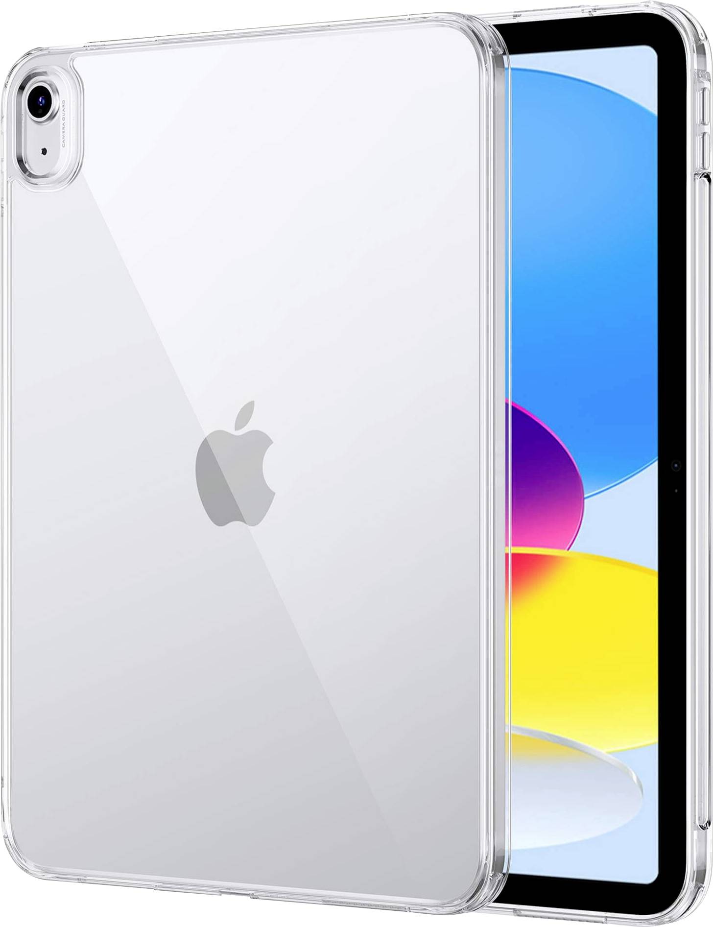 Klare iPad-Hülle auf einem iPad mit buntem Bildschirm. Über die kameraplatzierte, appleförmige Logo sichtbar.