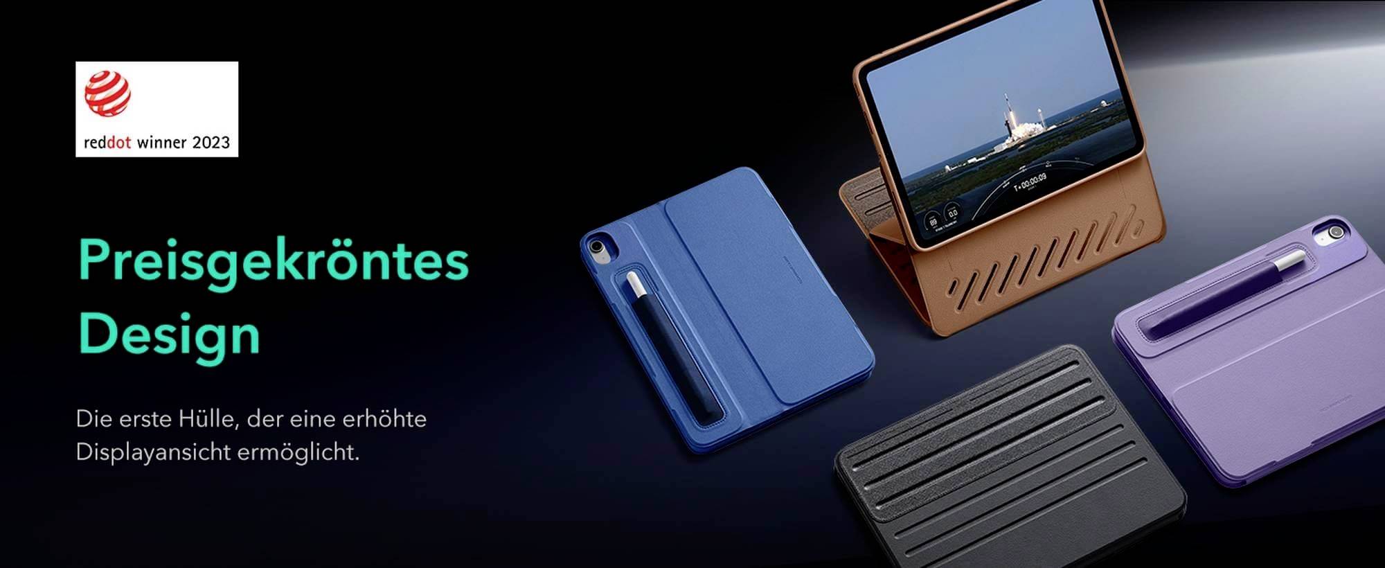 Preisgekröntes Design: Drei Tablet-Hüllen mit verschiedenen Designs ermöglichen erhöhte Displayansicht. Gewinner des Red Dot Awards 2023.