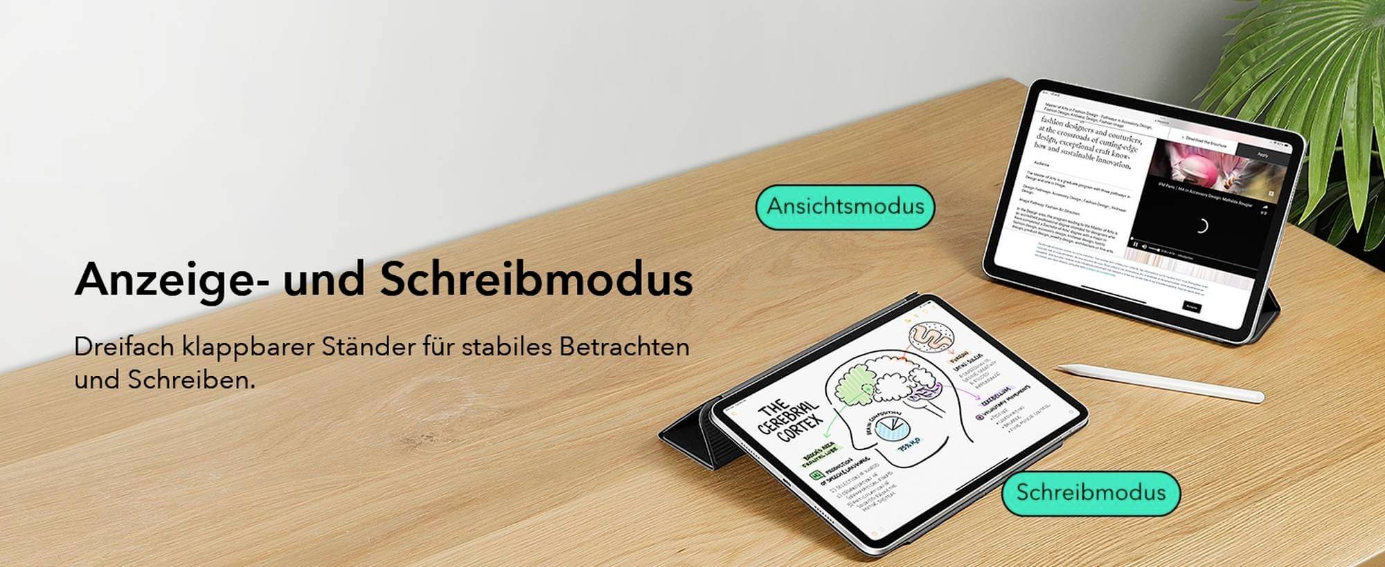 Zwei Tablets auf einem Tisch zeigen den Anzeige- und Schreibmodus. Eines zeigt eine Webseite, das andere eine Notiz mit Skizze.
