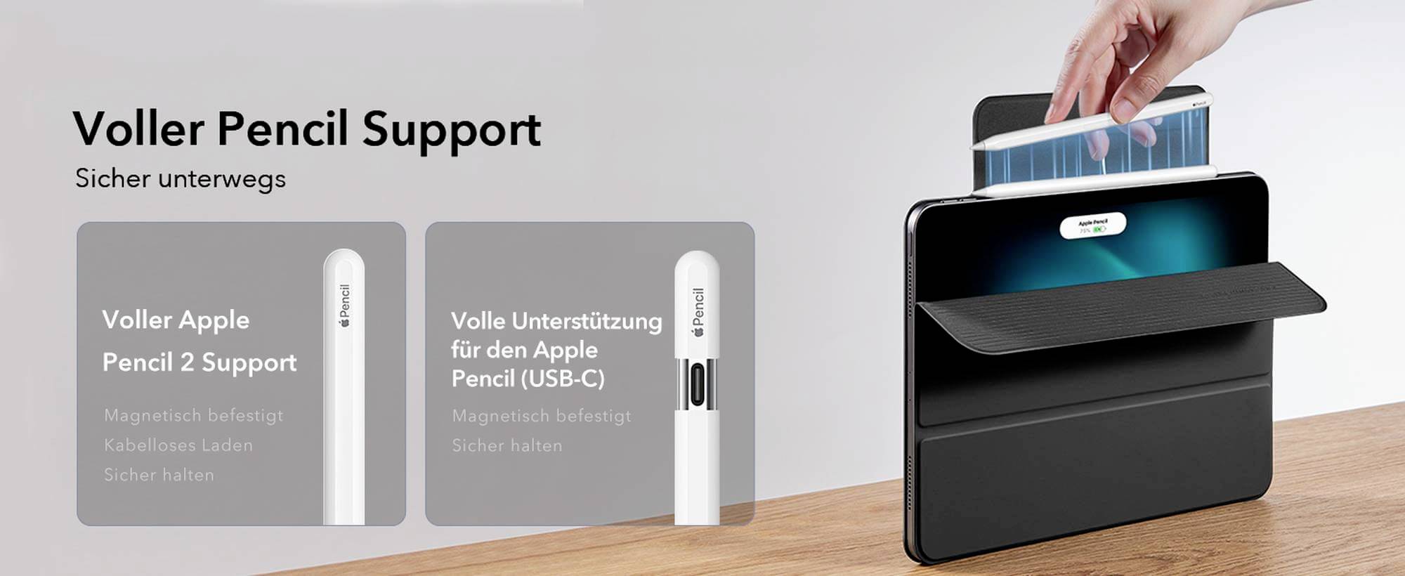Hand legt Apple Pencil in schwarze Tablet-Hülle auf Holztisch. Text erklärt Unterstützung für Apple Pencil und Aufbewahrung.