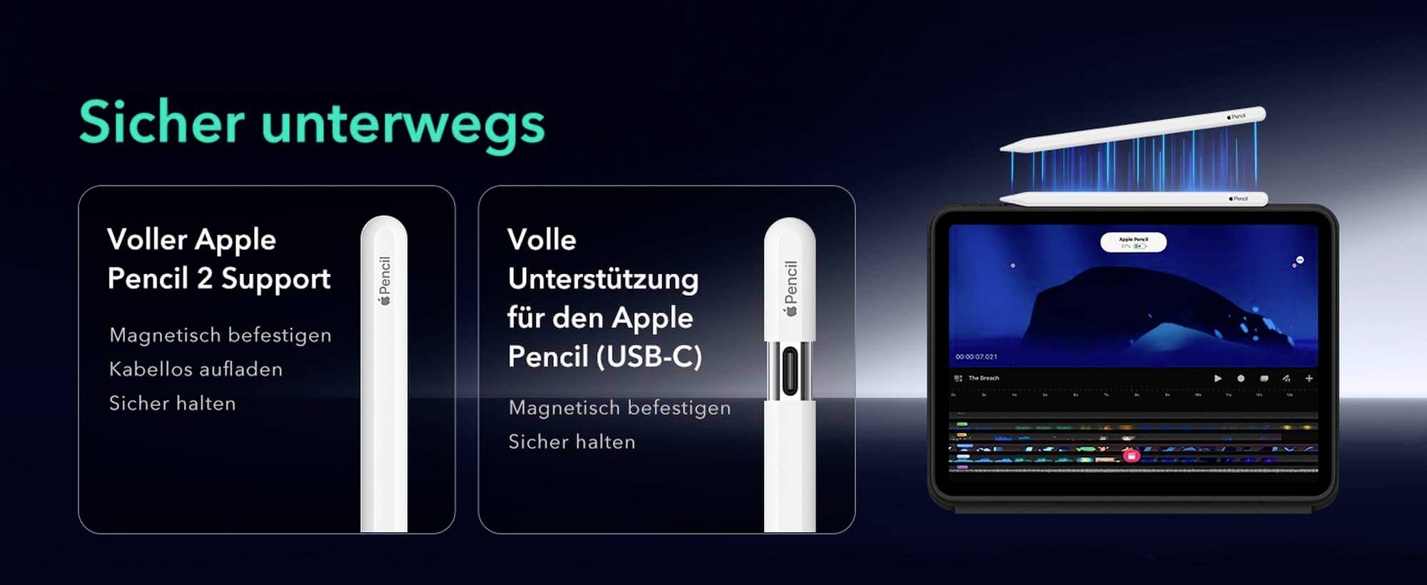 Apple Pencil-Features: Unterstützung für Apple Pencil 2 und USB-C, magnetisches Befestigen, kabelloses Aufladen. Tablet mit Lademodus.