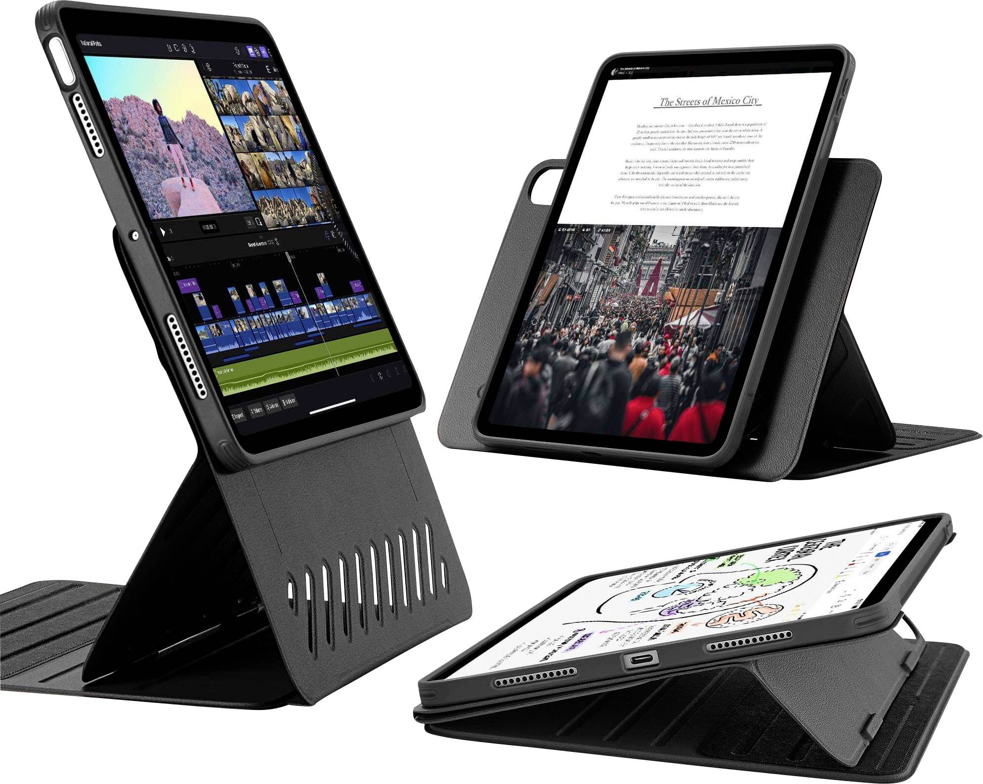 Drei Tablets in Hüllen, die Videos bearbeiten, Text anzeigen und Diagramme zeichnen. Sie zeigen Vielseitigkeit in Arbeitsumgebungen.