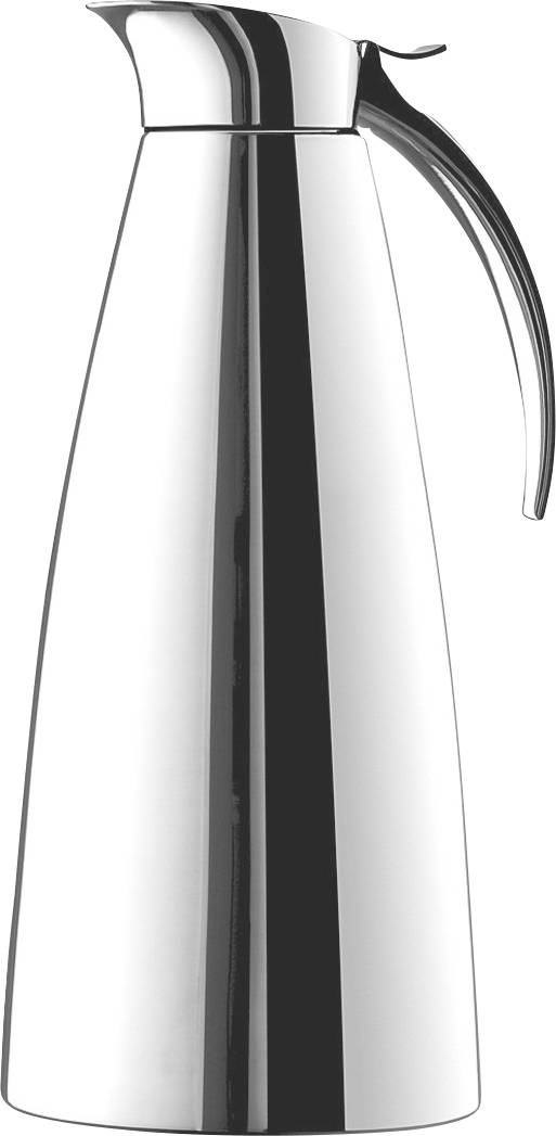 Eine schlanke, silberne Thermoskanne mit gebogenem Griff, stehend vor weißem Hintergrund.
