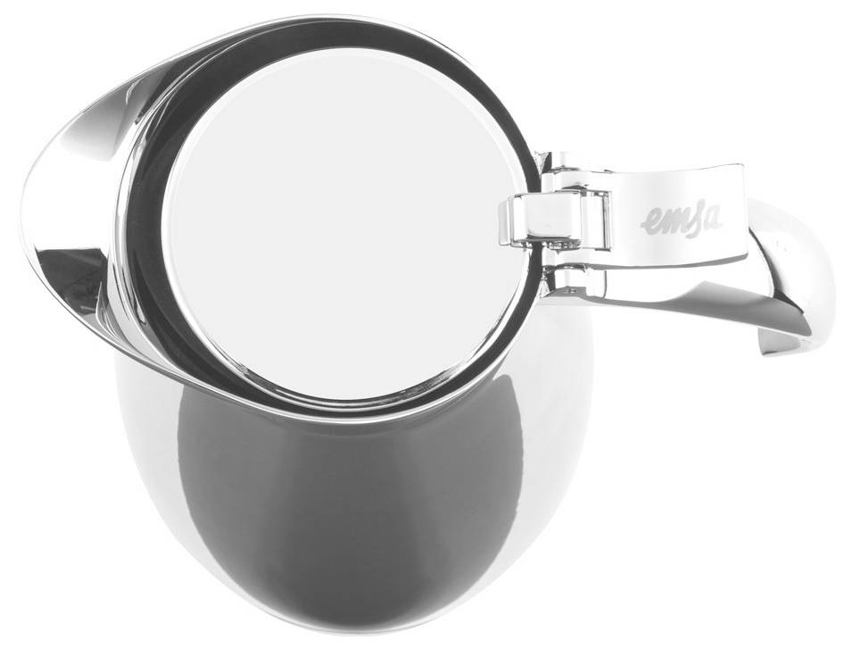 Ein silberner Krug mit Deckel und Griff, aus einer Vogelperspektive abgebildet. Der Griff zeigt den Schriftzug 'emsa'.