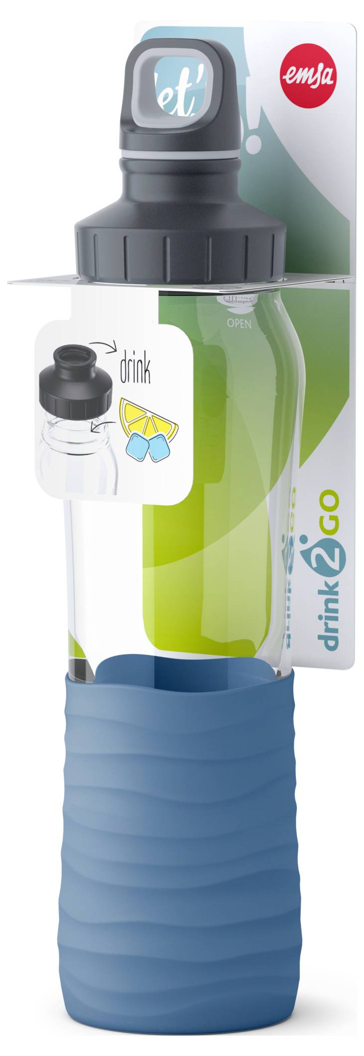 Emsa Drink2Go Trinkflasche Glas, Blau 0.7l