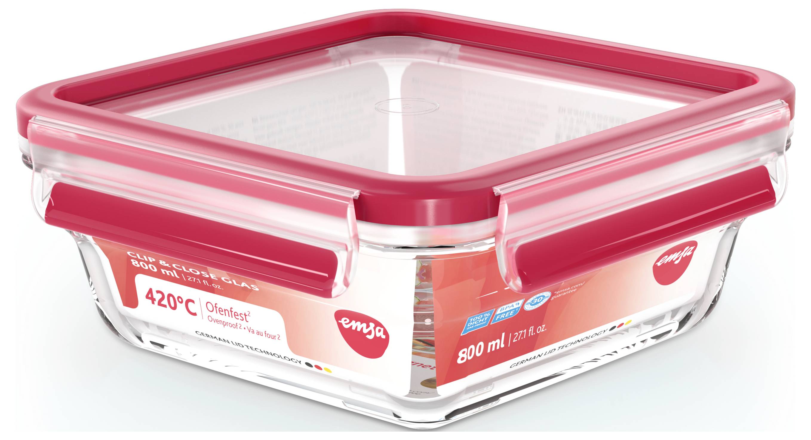 Emsa Clip & Close Frischhaltedose 0.8l Glas mit Deckel, wasserdicht, BPA-frei Transparent, Rot 600747