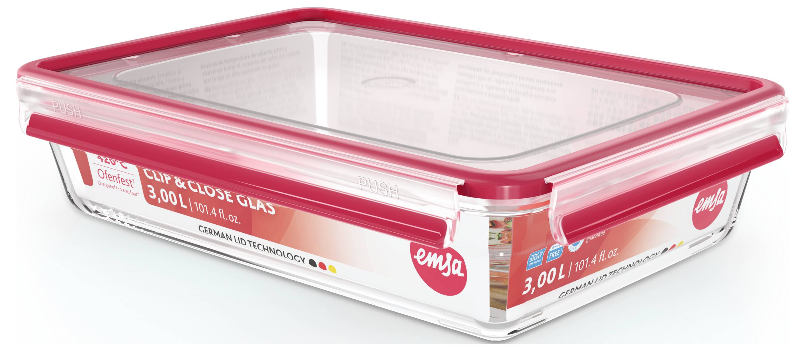Emsa Clip & Close Frischhaltedose 3l Glas mit Deckel, wasserdicht, BPA-frei Transparent, Rot 600745