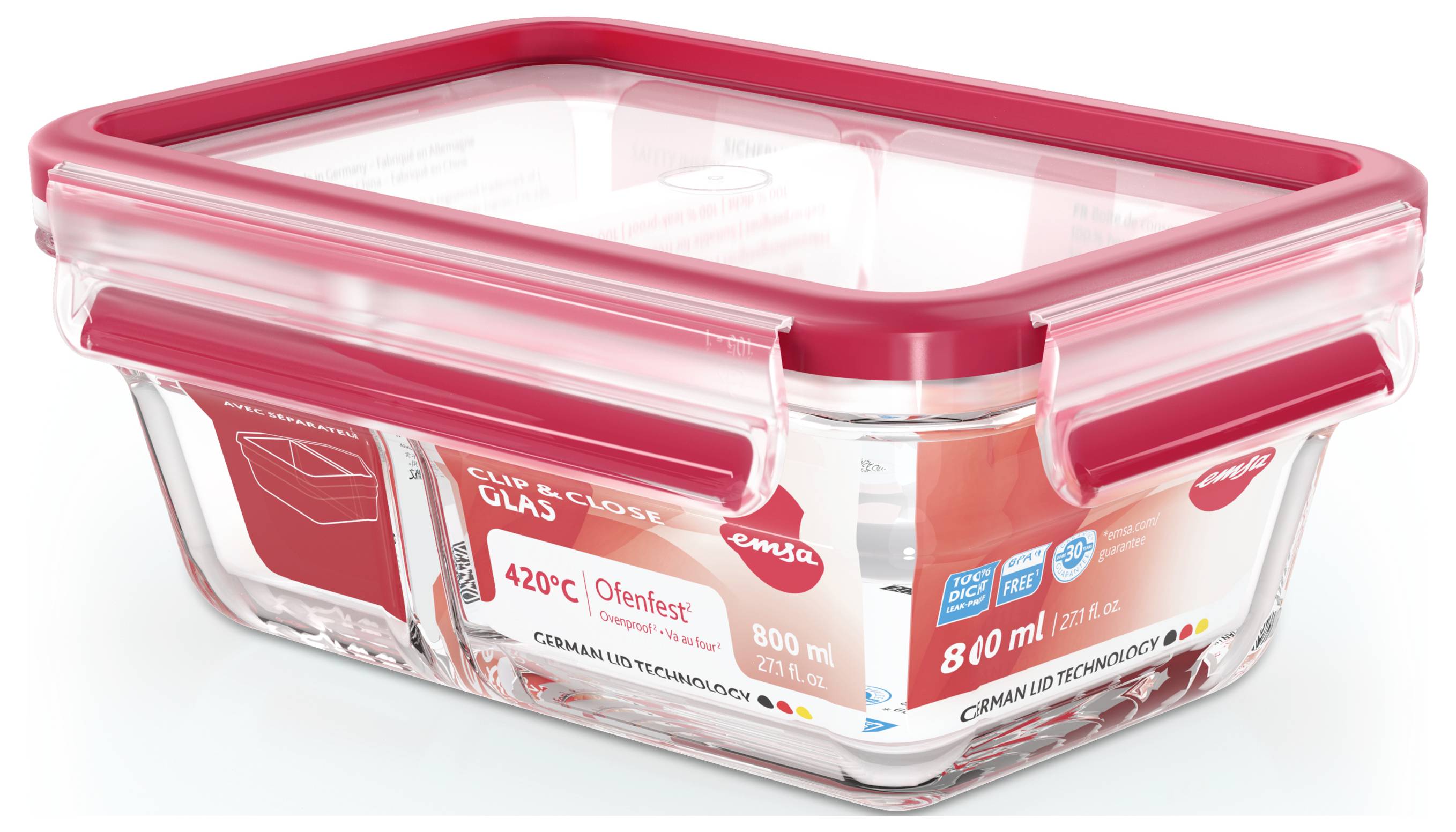 Emsa Clip & Close Aufbewahrungsbehälter 0.8l Glas mit Deckel, mit Klickverschluss, wasserdicht, spülmaschinenfest Transparent