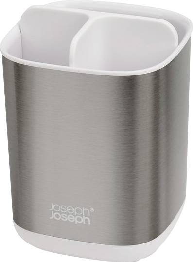 Zweifarbiger, quadratischer Besteckhalter aus gebürstetem Metall und weißem Kunststoff, unterteilt in zwei Fächer.