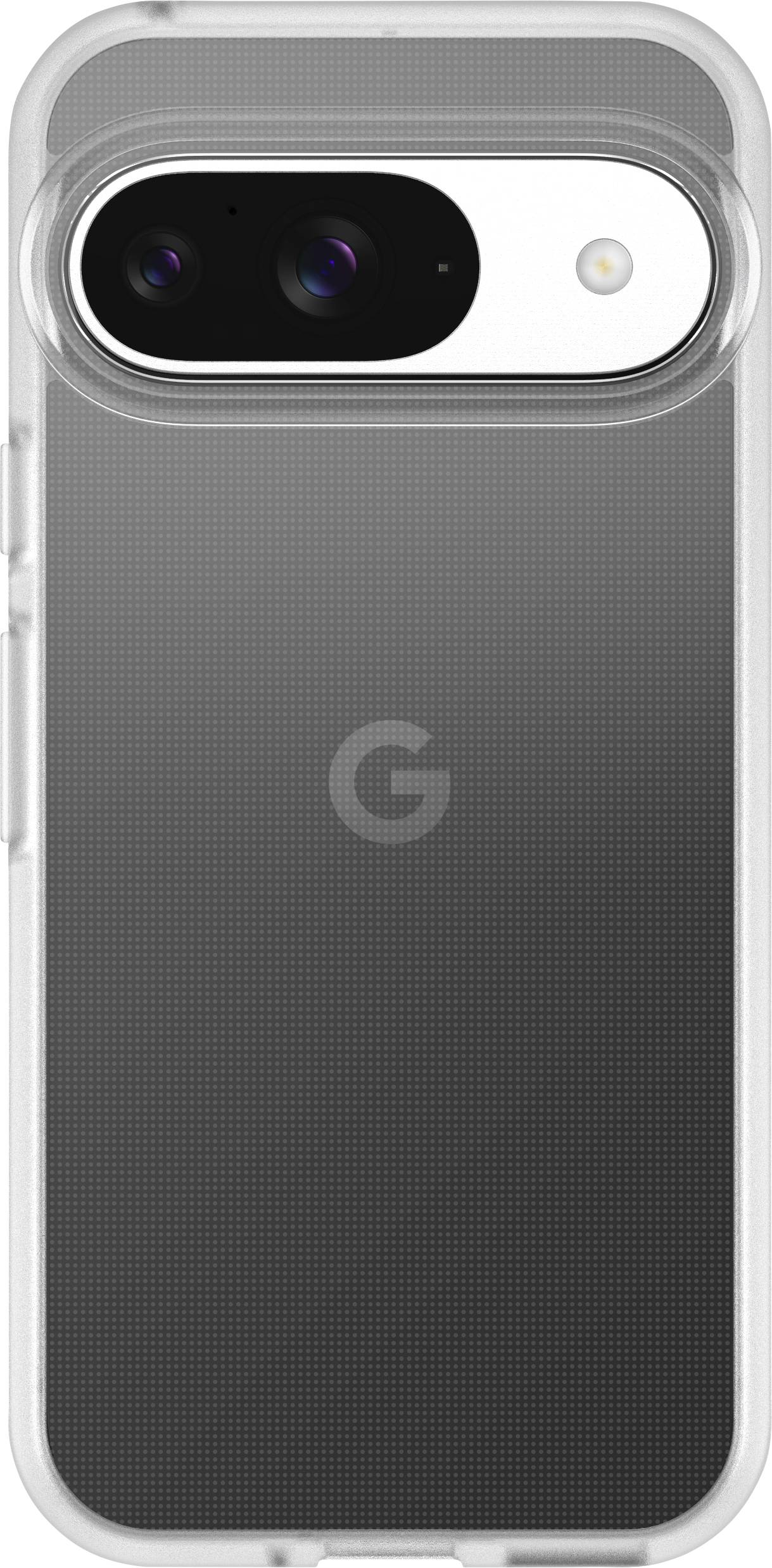 Eine Smartphone-Rückseite in einer transparenten Hülle, zeigt zwei Kameralinsen und einen Blitz. Ein 'G'-Logo ist mittig sichtbar.