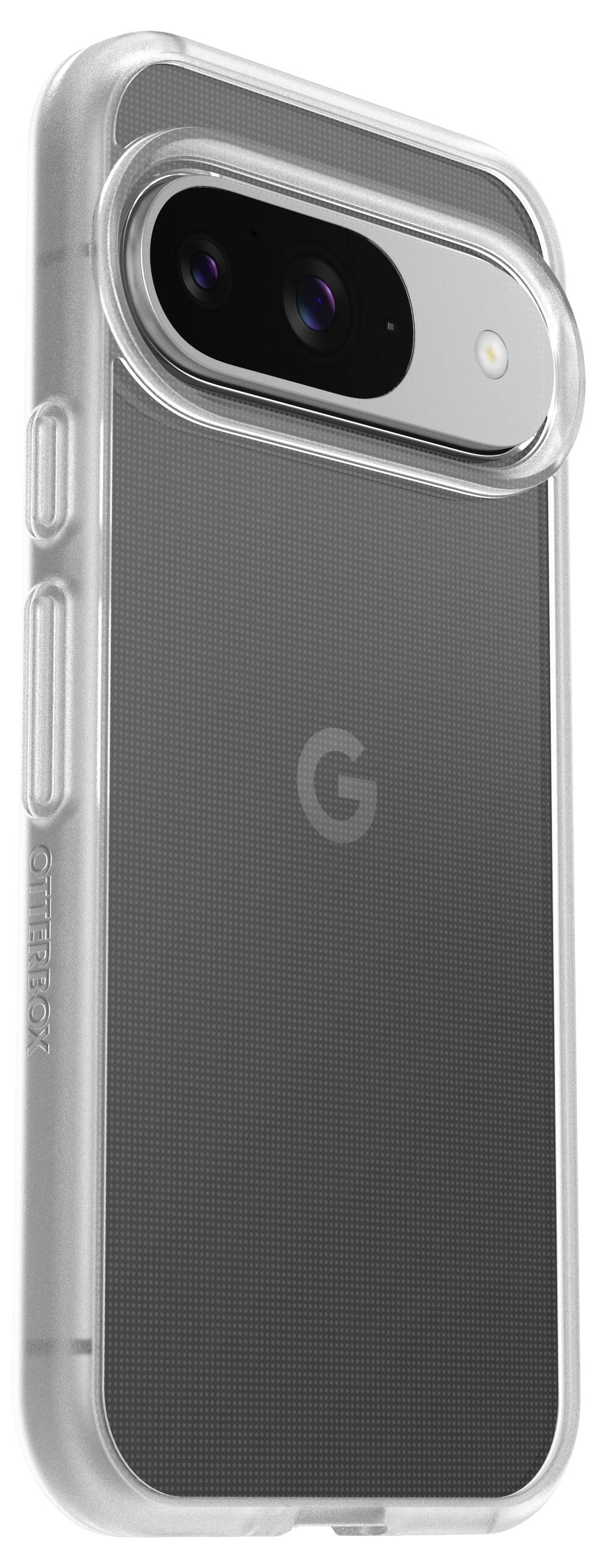 Eine transparente Smartphone-Hülle mit auffälligem Kameramodul auf der Rückseite. Das Gehäuse zeigt das 'G'-Logo.