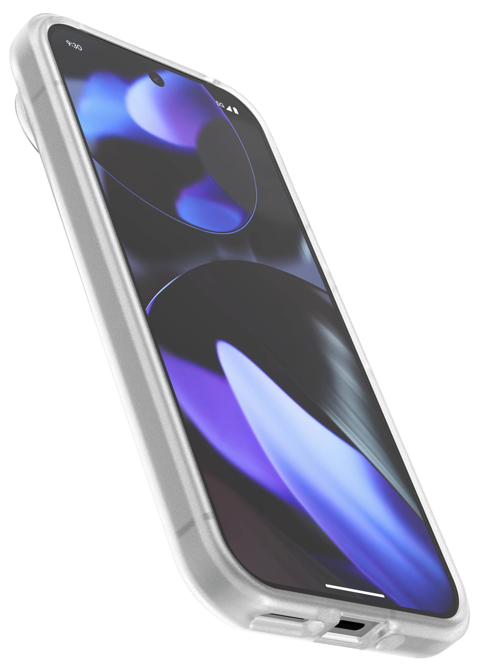 Smartphone mit transparentem Schutzgehäuse; Display zeigt blau-lila Abstraktion. Seitenansicht betont Gehäusedicke und Displaydesign.