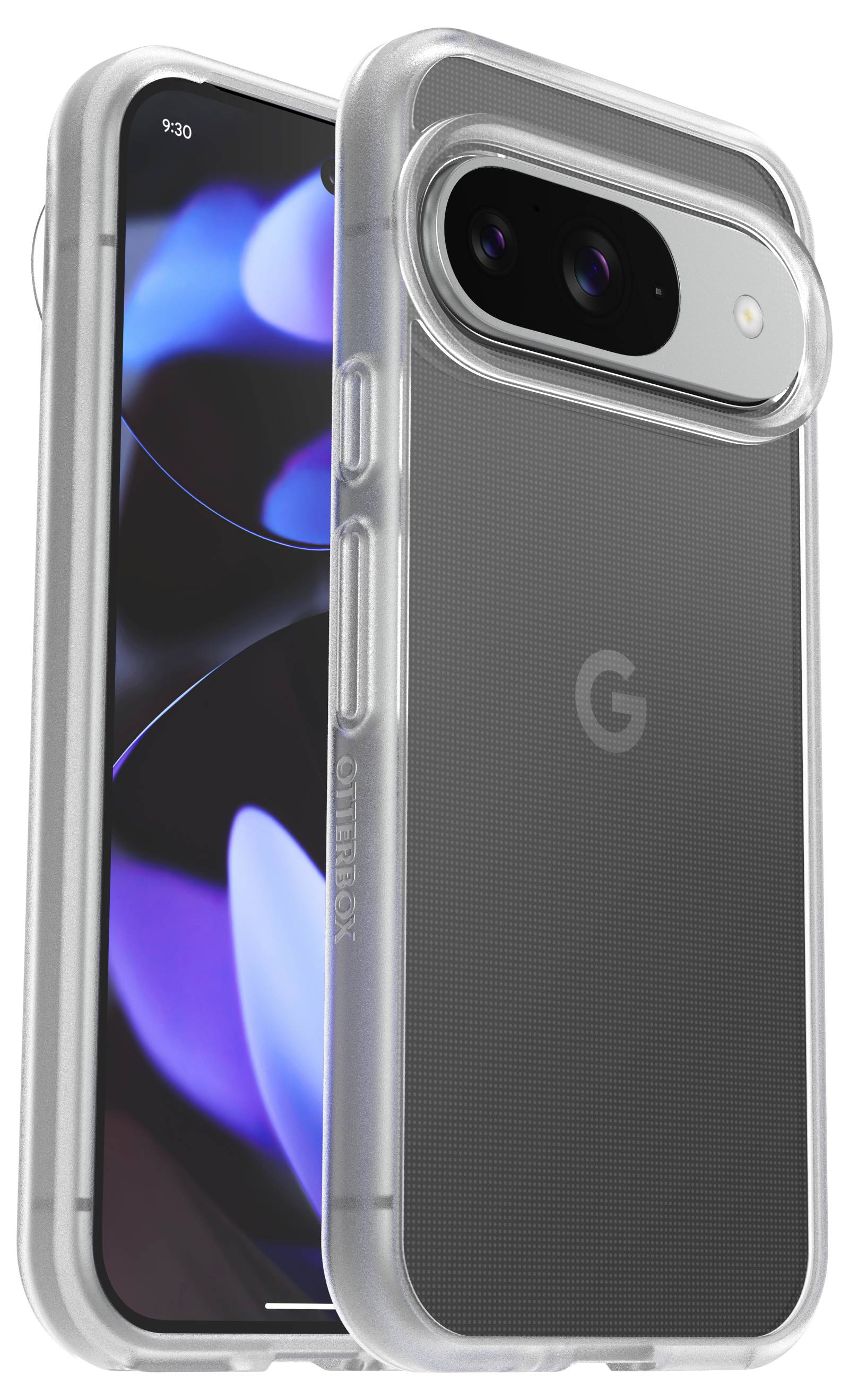 Ein Smartphone mit durchsichtiger Schutzhülle. Auf dem Display sind bunte, abstrakte Formen zu sehen. Die Rückseite zeigt ein Kameramodul.