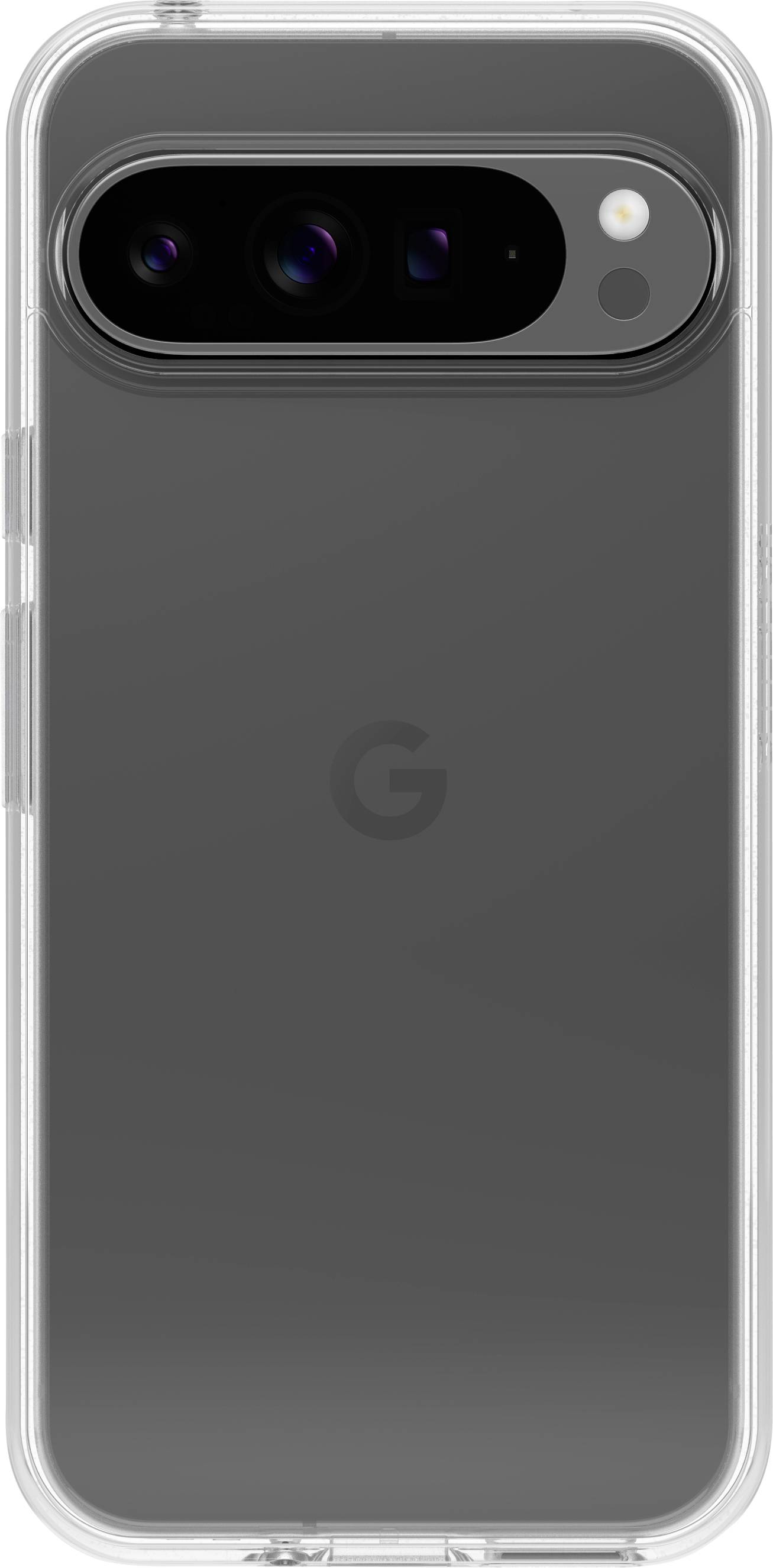 Schwarzes Smartphone mit drei Kameralinsen und Blitz auf der Rückseite, transparentes Gehäuse, entfernt auf weißem Hintergrund.