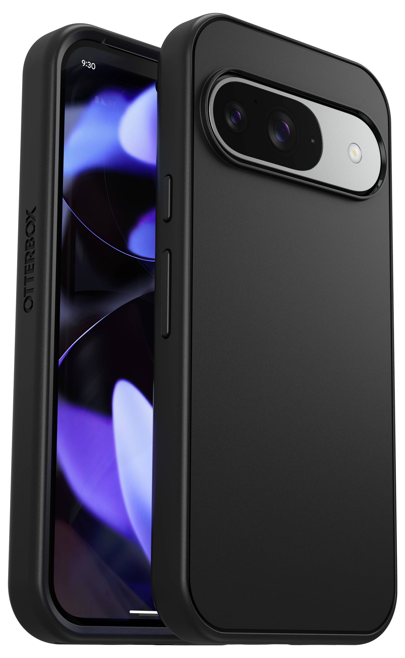 Smartphone in schwarzer Schutzhülle. Die Hülle hat präzise Ausschnitte für Kamera und Tasten. Das Display zeigt ein abstraktes, blaues Muster.