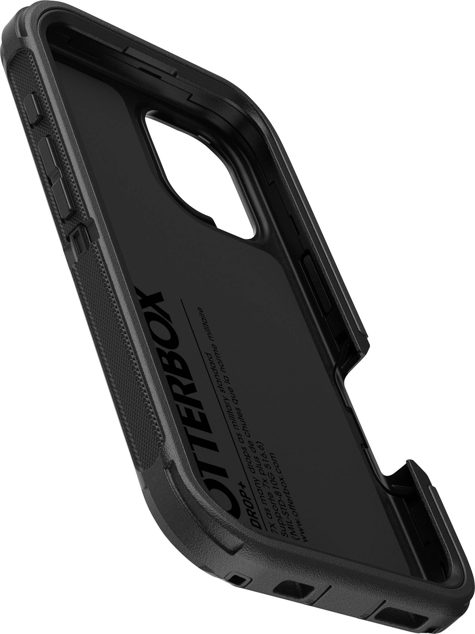 Ein schwarzes Smartphone-Gehäuse von OtterBox, das robust und schützend aussieht, mit Öffnungen für Kamera und Anschlüsse.