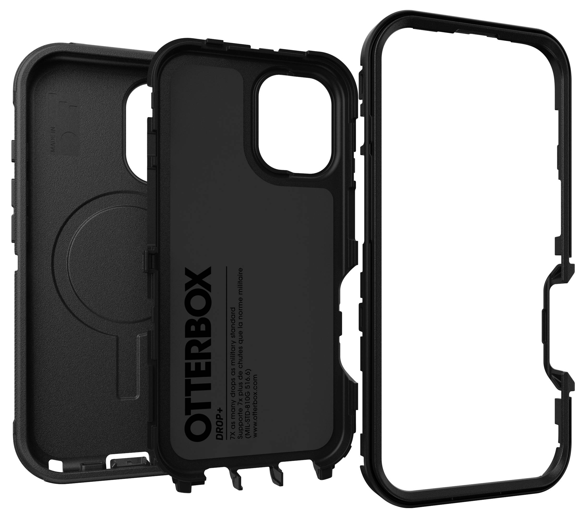 Schwarzes OtterBox-Handygehäuse mit mehreren Schichten, das den Schutz betont. Links Hülle geöffnet, rechts zusätzlicher Rahmen.