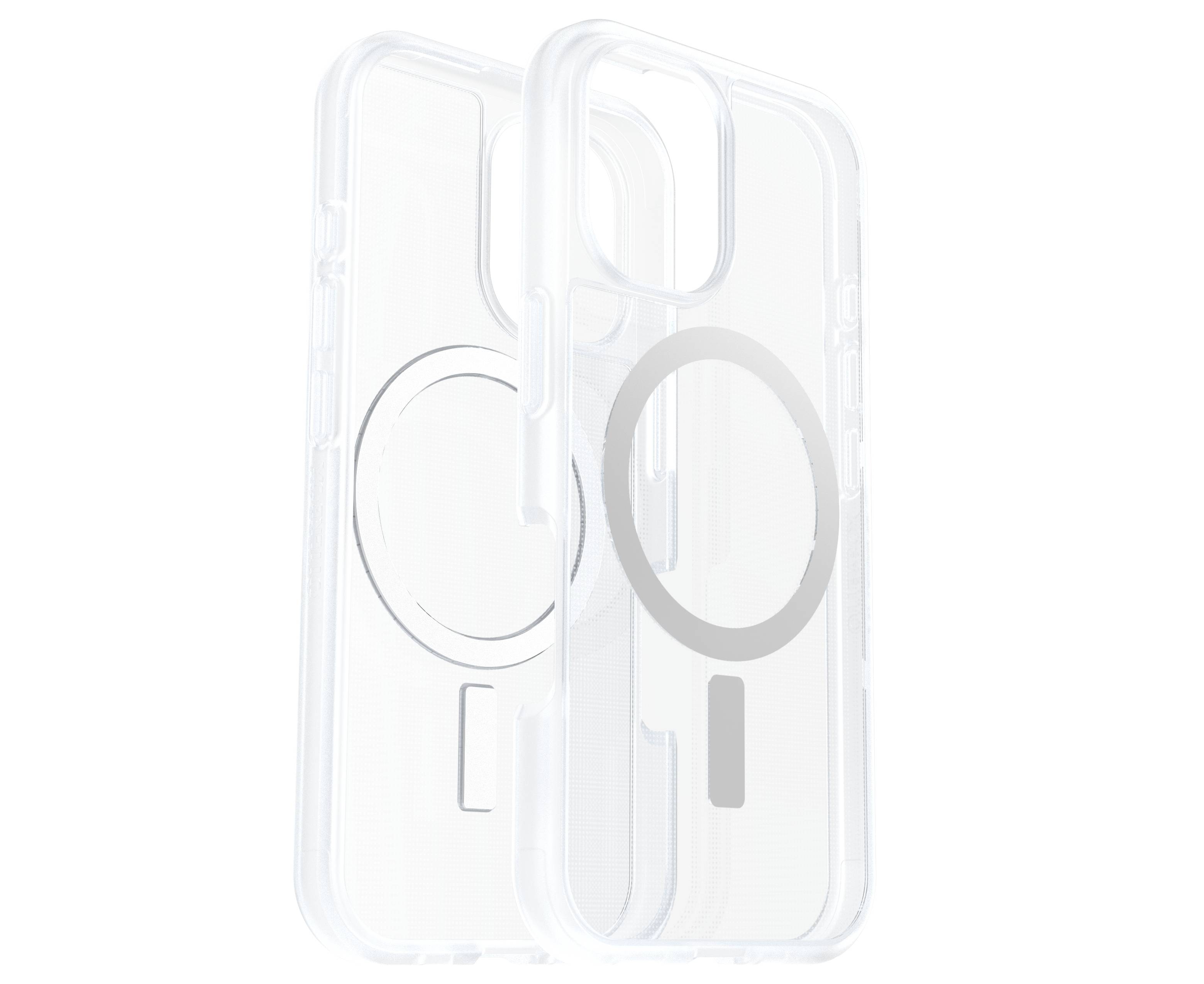 Zwei transparente Handyhüllen mit kreisförmigem Magnetdesign zeigen die Rückseite eines Smartphones. Ideal für MagSafe-Kompatibilität.