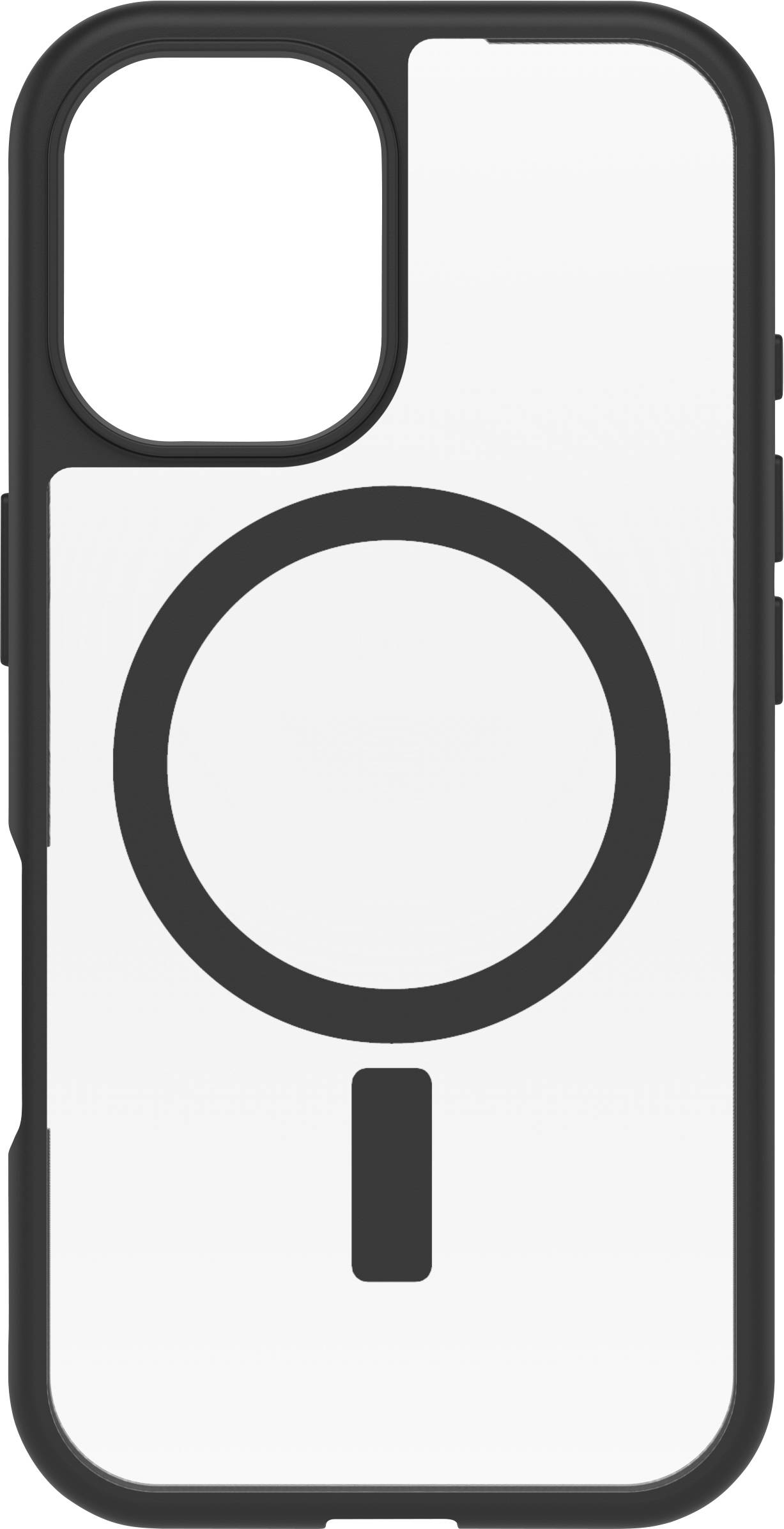 Schwarze Smartphone-Hülle mit großem Kreis und kurzem senkrechtem Strich darunter auf weißem Hintergrund.