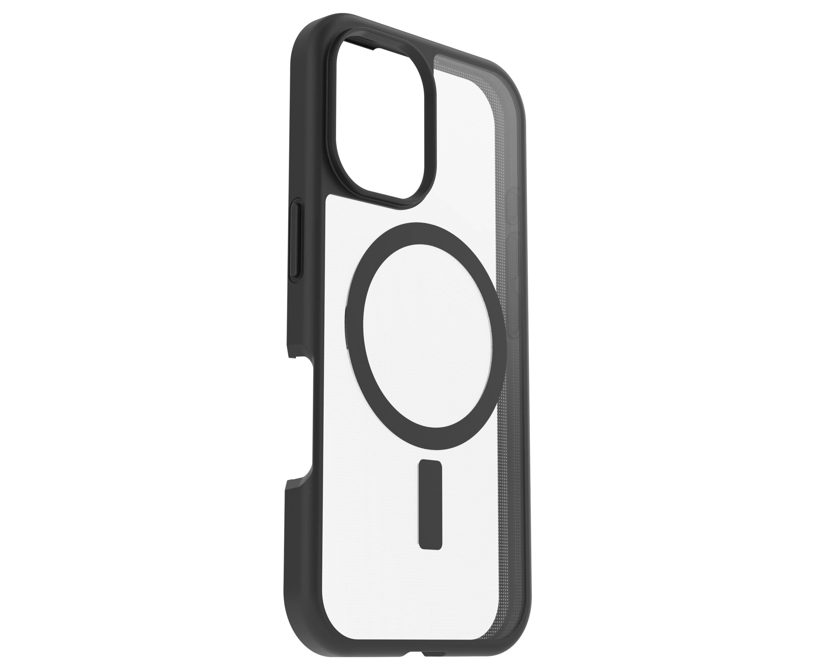 Handyhülle mit stilisiertem, schwarzen Lupensymbol auf weißem Hintergrund, abgerundete Ecken und erhöhtem Kameraschutz.