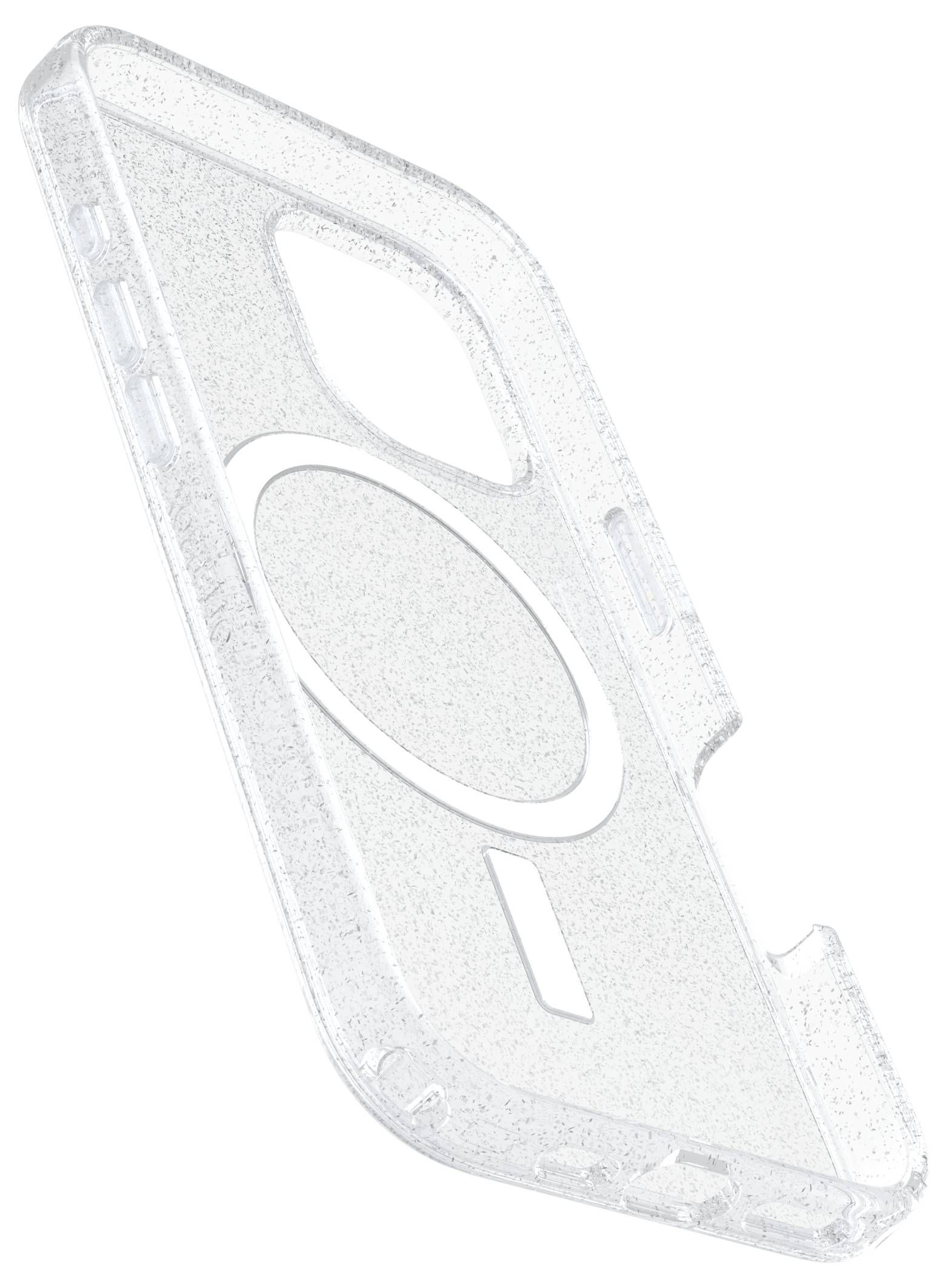 Durchsichtige Handyhülle mit Ringhalterung und Aussparungen für Knöpfe und Kamera. Ideal zum Schutz und zur Stütze des Geräts.