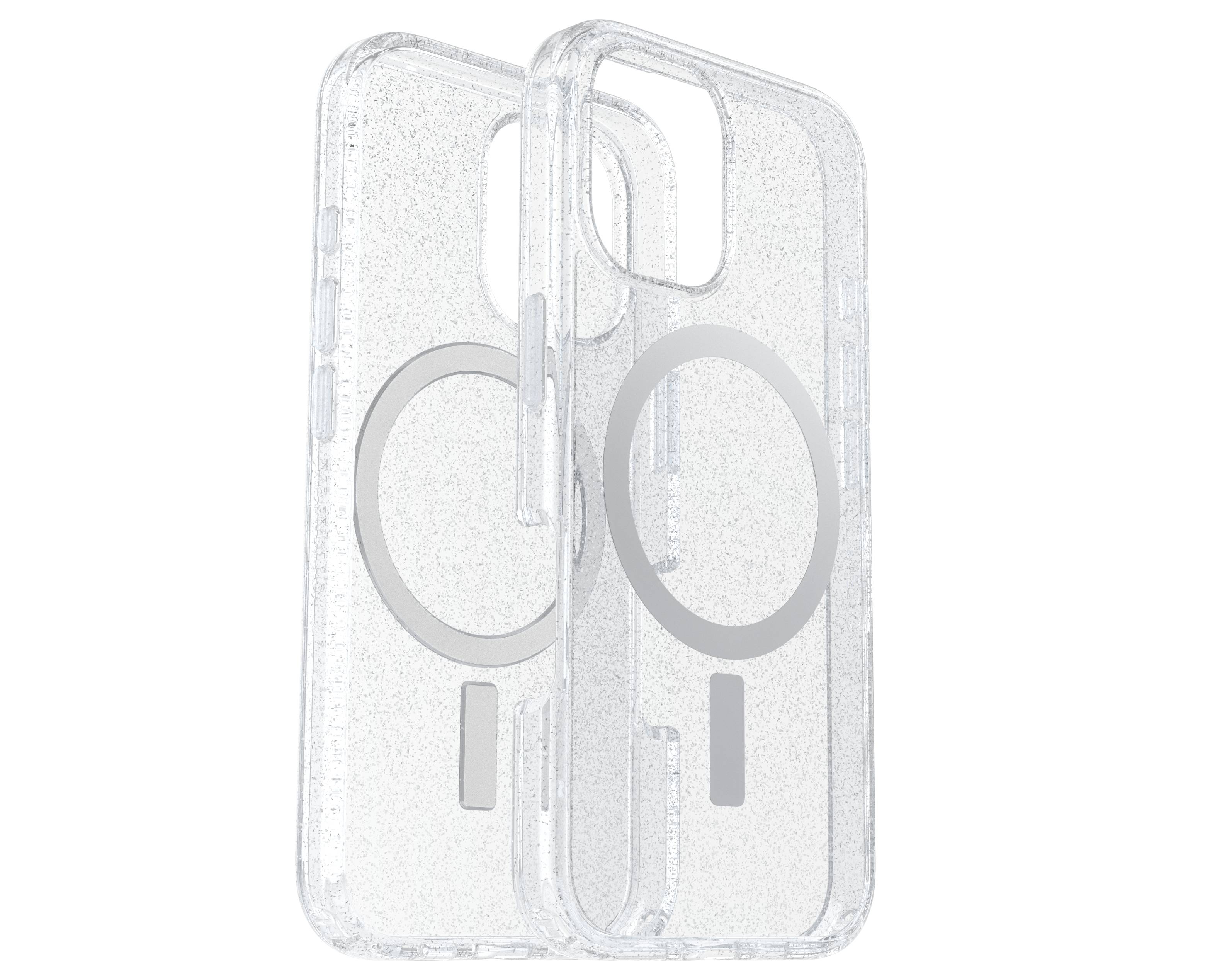 Zwei transparente Handyhüllen mit kreisförmigem MagSafe-Muster, nebeneinander stehend, zeigen Rückseite und Ecken der Hüllen.