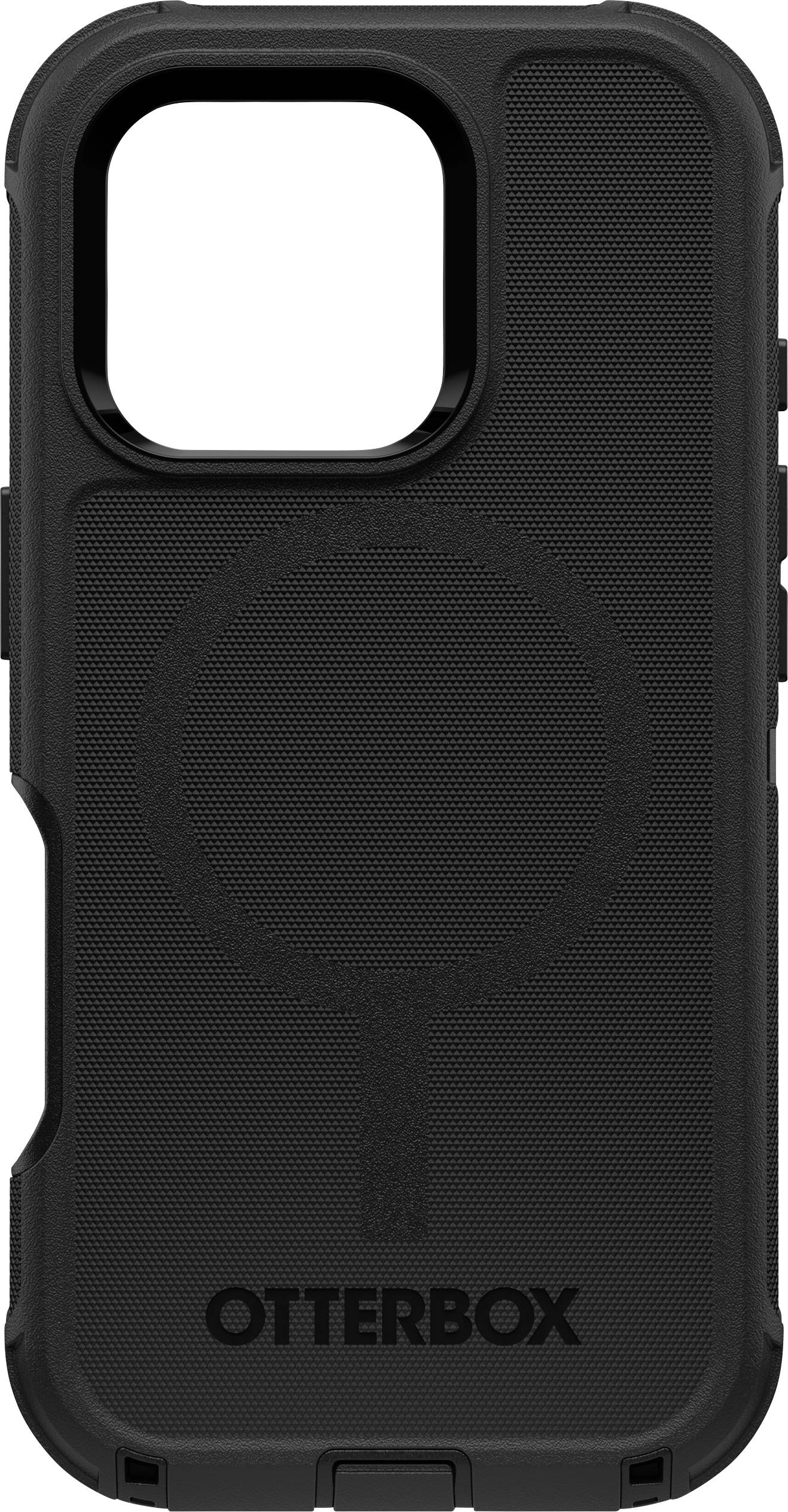 Ein schwarzes Otterbox Handyhülle für ein Smartphone. Auf der Rückseite ist ein kreisförmiges Muster und der Markenname 'OTTERBOX' sichtbar.