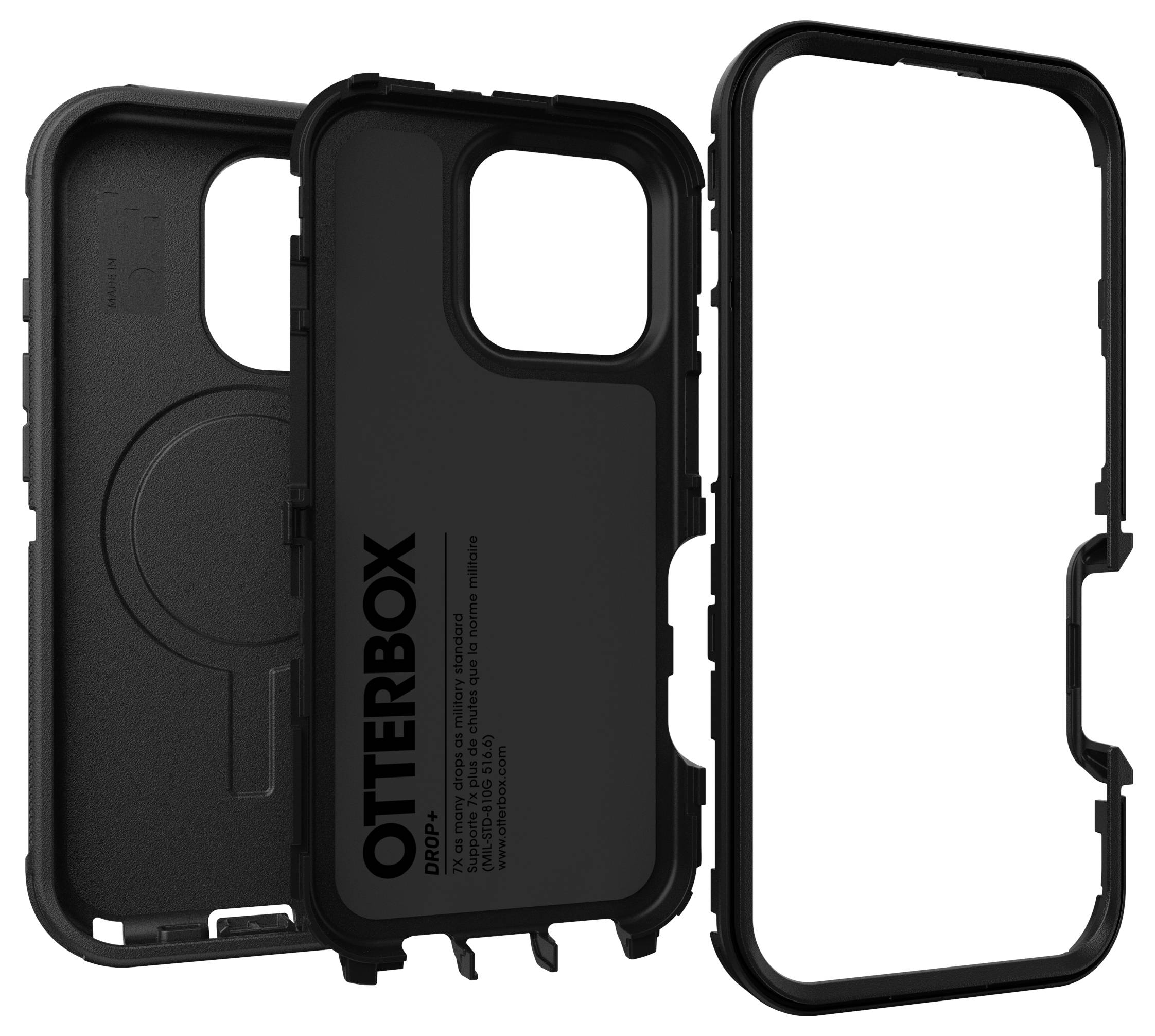 Schwarzes OtterBox-Handyhüllengehäuse, dreiteilig; linker Teil zeigt Logo, mittleres Teil offen, rechter Rahmen.