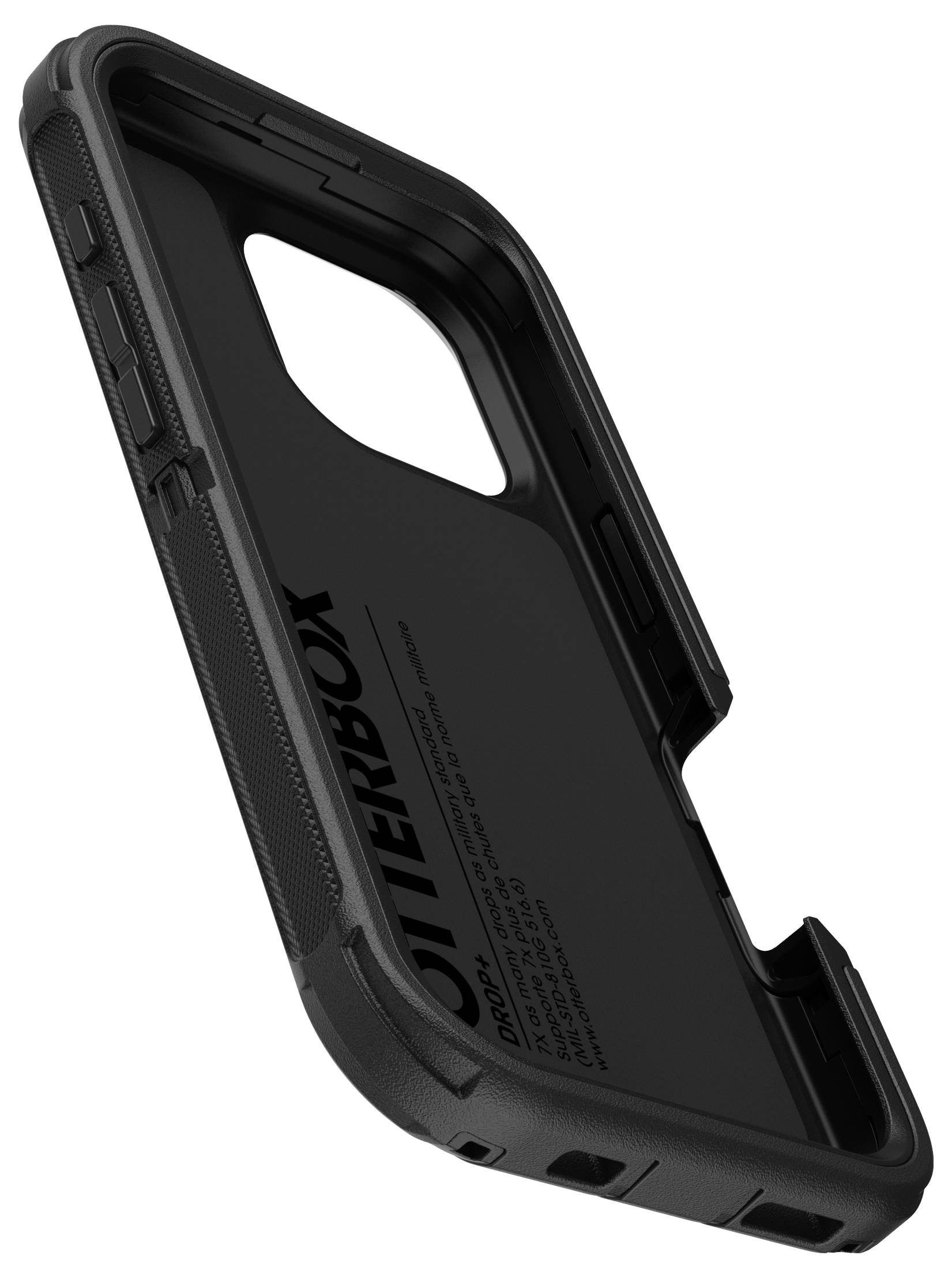 Eine schwarze Handyhülle aufrecht stehend, zeigt ihre Innenseite und Logo. Sieht robust und schützend aus.