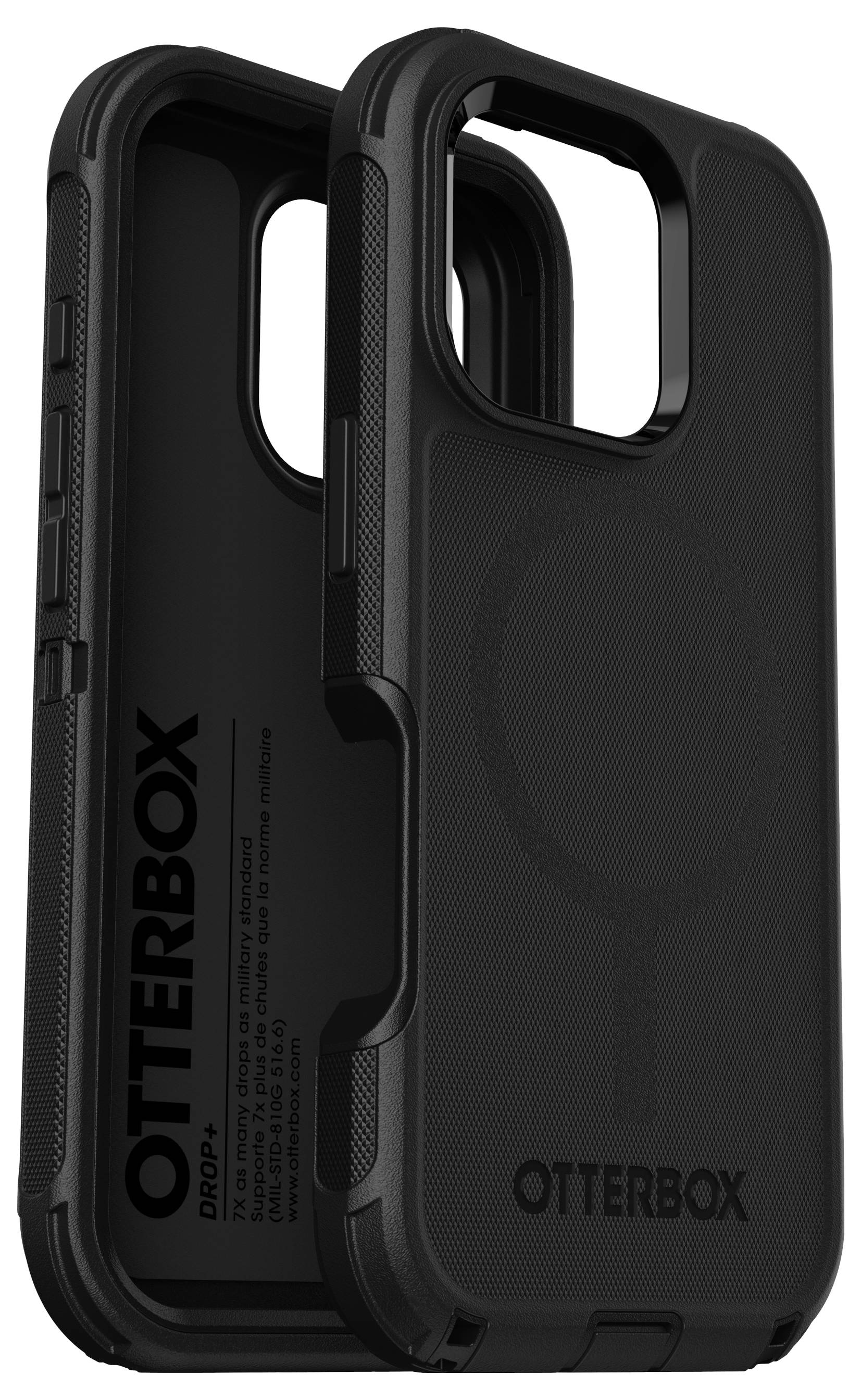Schwarze Otterbox-Handyhülle, teilweise geöffnet. Sie zeigt robustes Design mit Präzisionsaussparungen für Kamera und Anschlüsse.