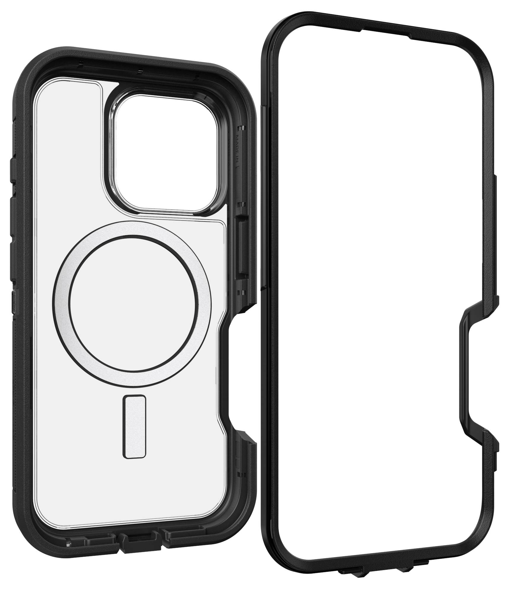 Schwarze Handyhülle mit durchsichtigem Rückenteil und kreisförmigem MagSafe-Muster, zeigt Vorder- und Rückansicht der Hülle.