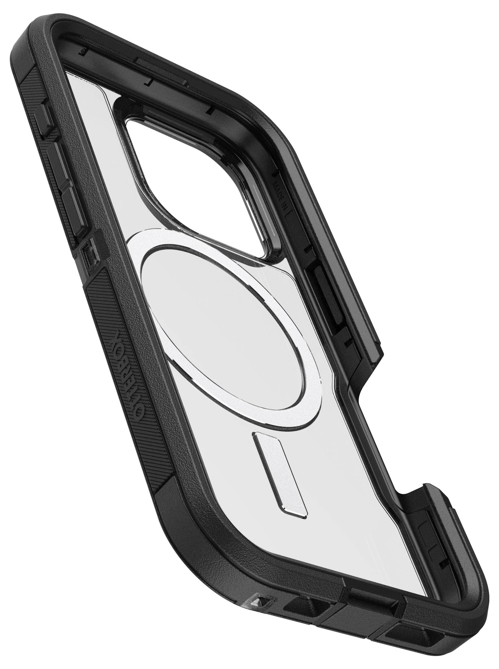 Durchsichtige Handyhülle mit schwarzem Rand, robustes Design, zeigt Aussparungen für Kamera und Tasten, kompatibel mit MagSafe.